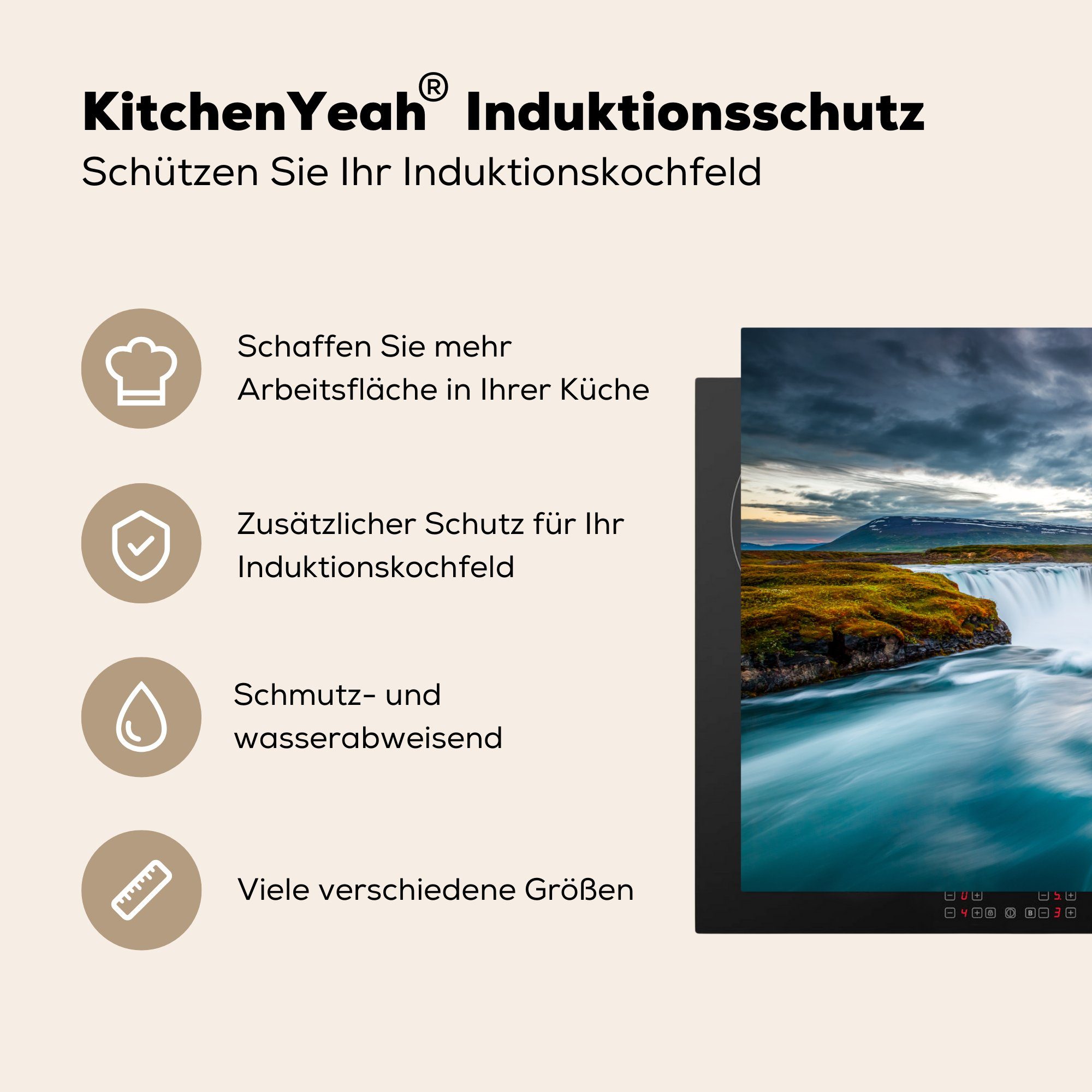 cm, MuchoWow Sonnenuntergang Natur Vinyl, - Ceranfeldabdeckung Wasserfall Wasser, für 81x52 Schutz küche, Induktionskochfeld (1 tlg), - - Herdblende-/Abdeckplatte die