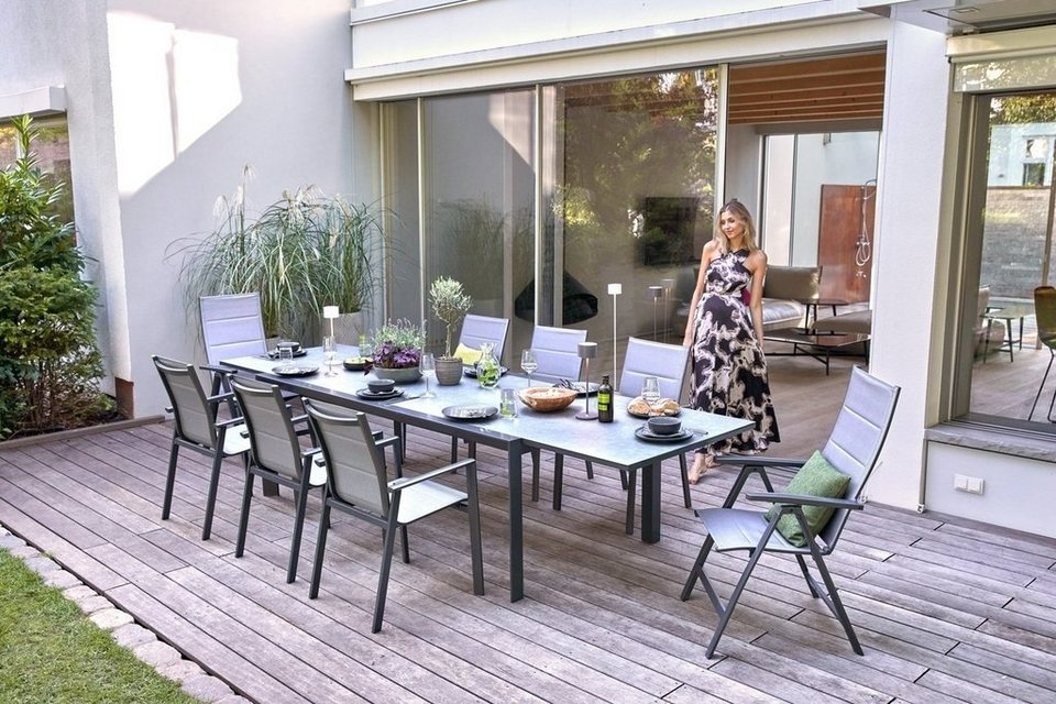 Outdoor Gartenstuhl LIVORNO, Aluminium, Textilen, Grau, Anthrazit, klappbar,  verstellbar, Sitz- und Rückenlehne aus Textilen in grau