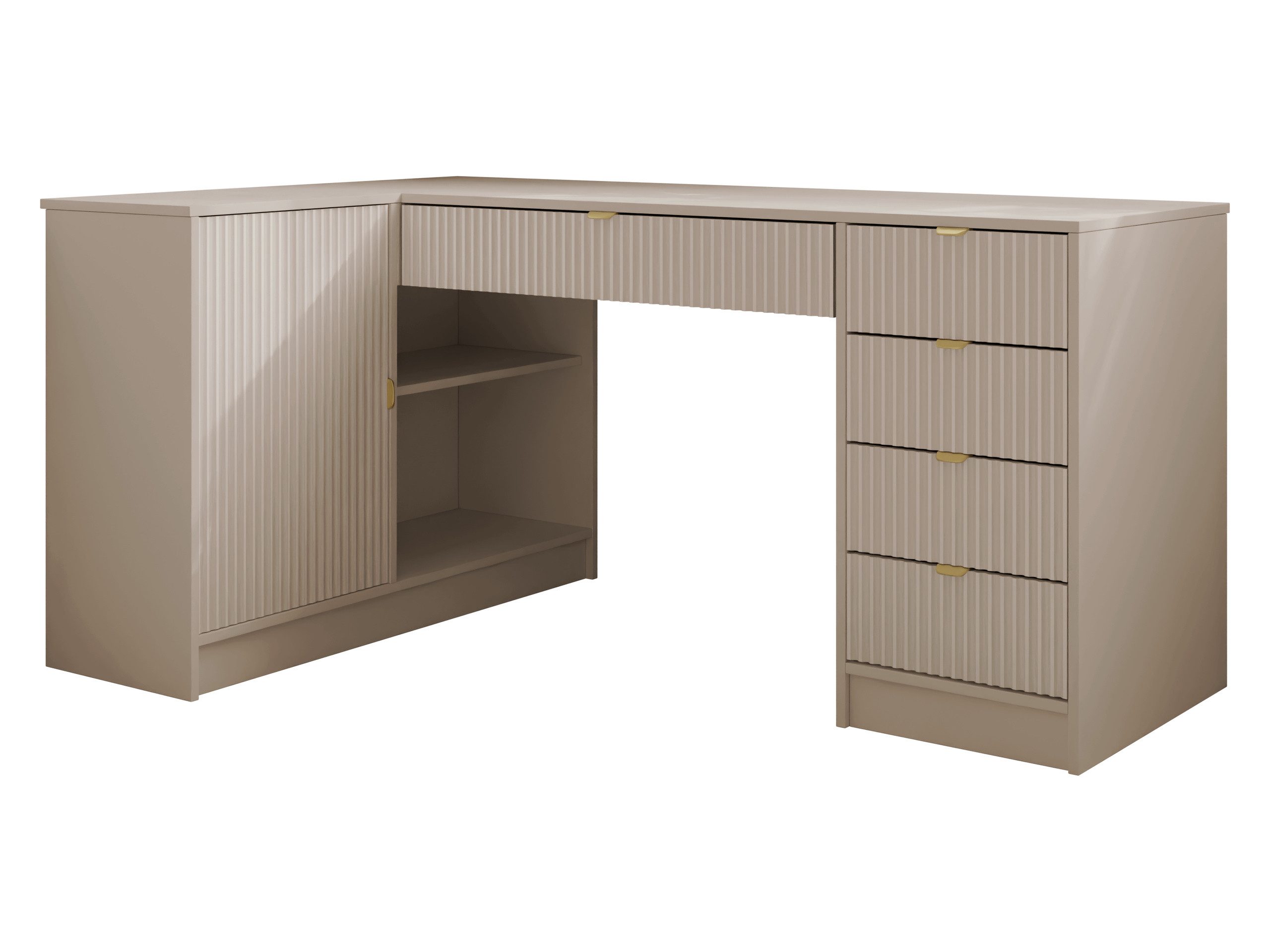 MIRJAN24 Schreibtisch Tireno (mit Drehtür und fünf Schubladen), 158x98x76 cm, Gold Aluminiumgriffe, Links / Rechts