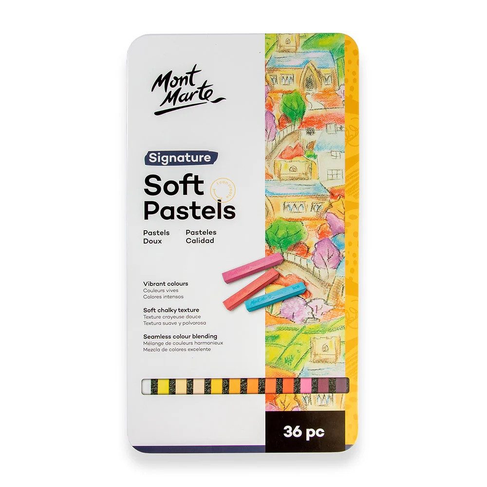 Mont Marte Pastellkreide Set Weiche Pastellkreiden 36 Farben - Softpastellkreide im Metall-Etui, Ideal zum Mischen, Schattieren und Zeichnen feiner Linien
