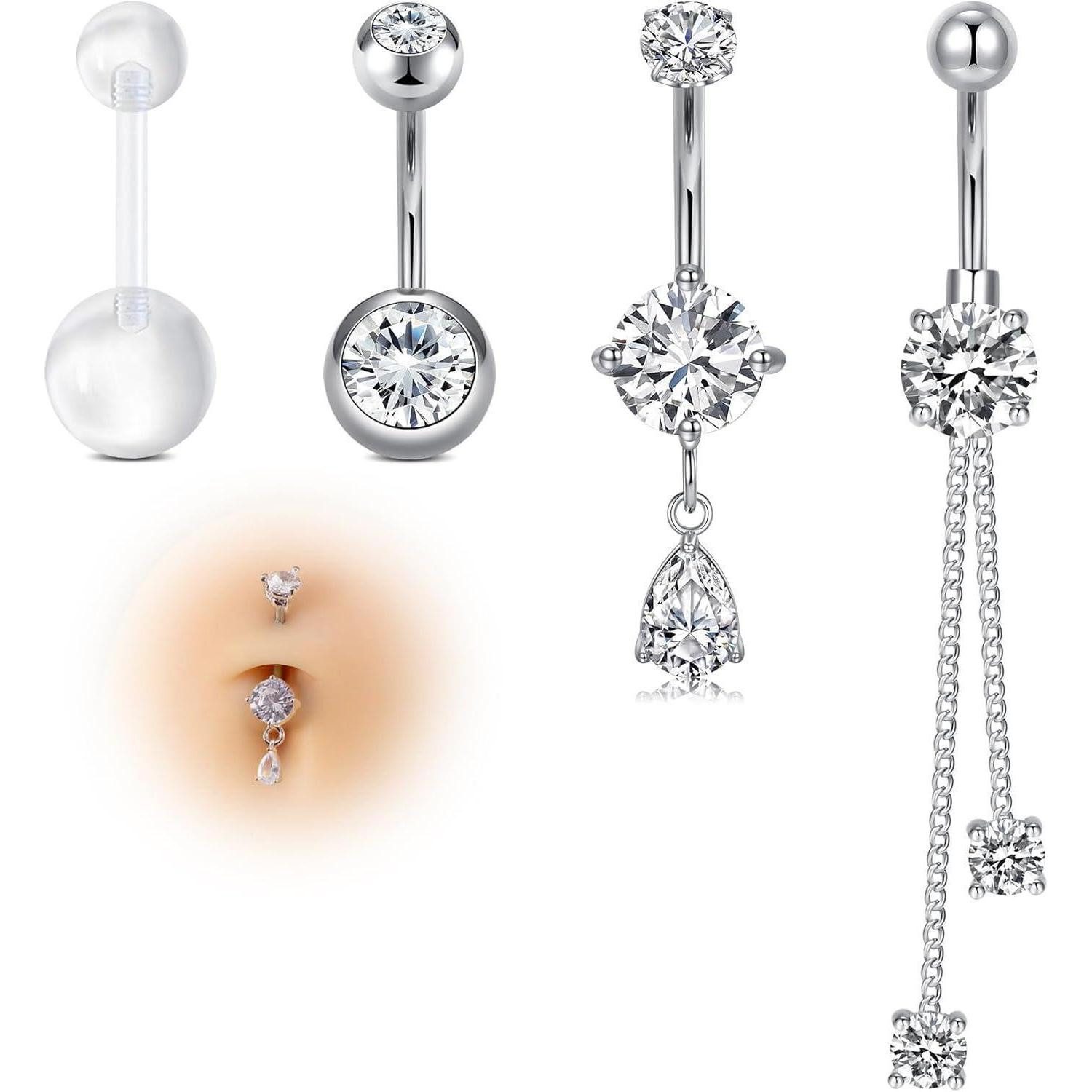 AVYRING Bauchnabelpiercing 4 Stk. Hängende Bauchnabelstecker 14G Chirurgenstahl CZ Schmuck 10MM
