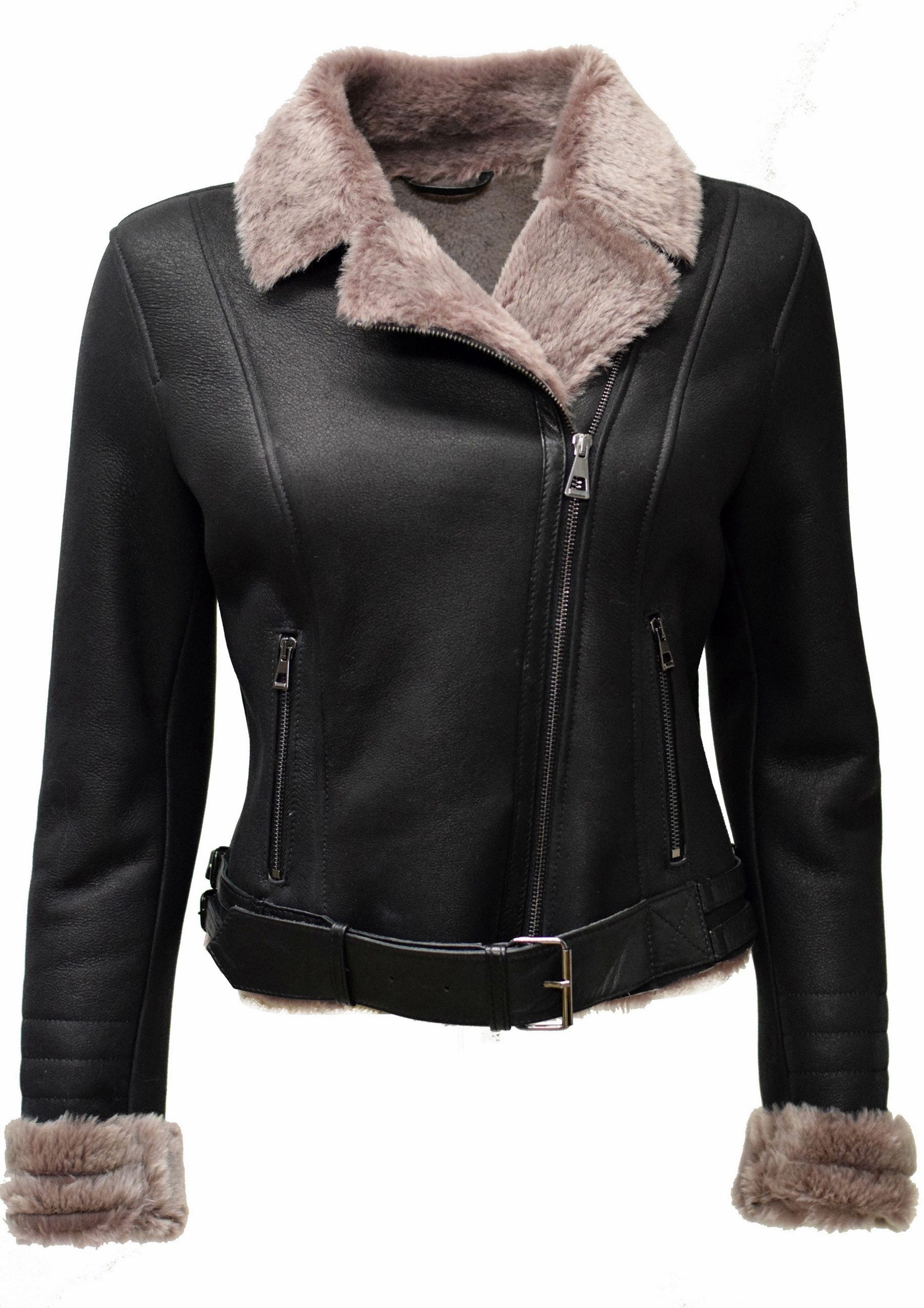 Zimmert Lederjacke Valentia Lammfelljacke Damen Motojacke, Schwarz, Felljacke