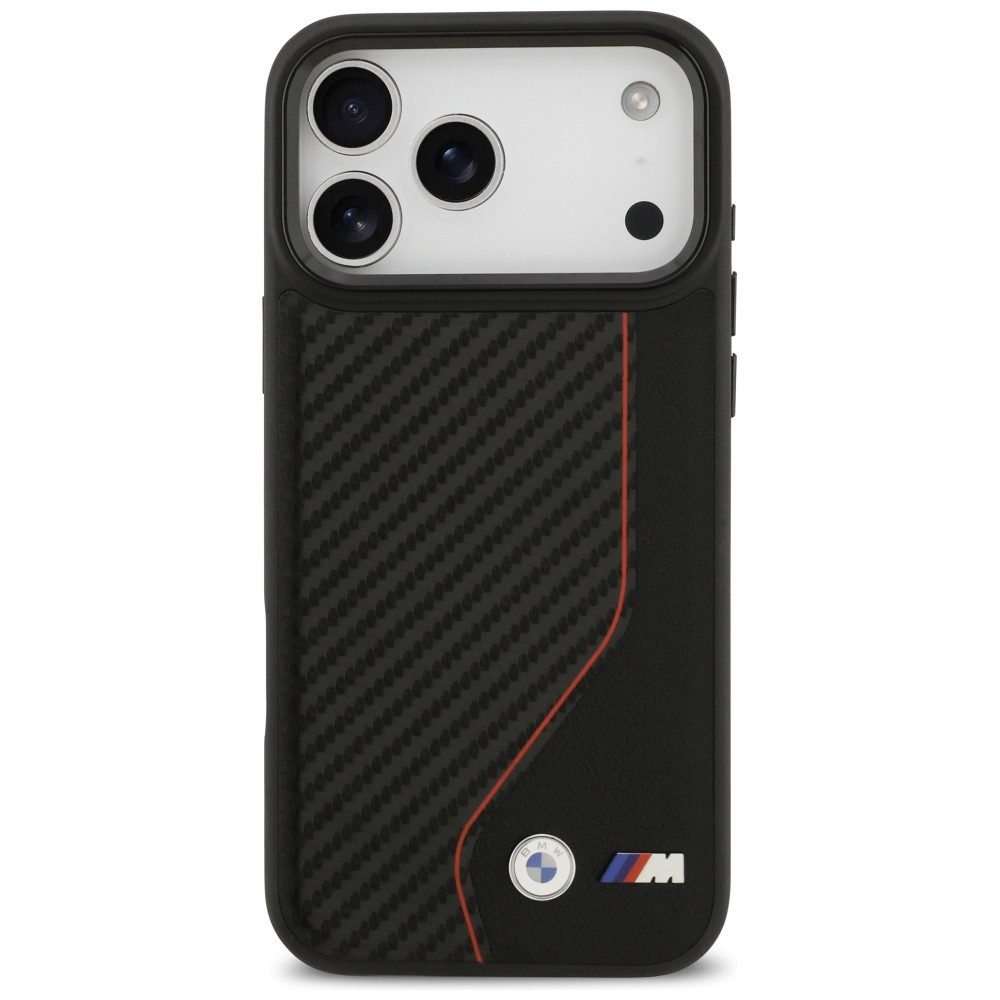 BMW Handyhülle Case iPhone 17 Pro Max MagSafe Carbon-Optik schwarz Streifen Logo 6,9 Zoll, Kantenschutz