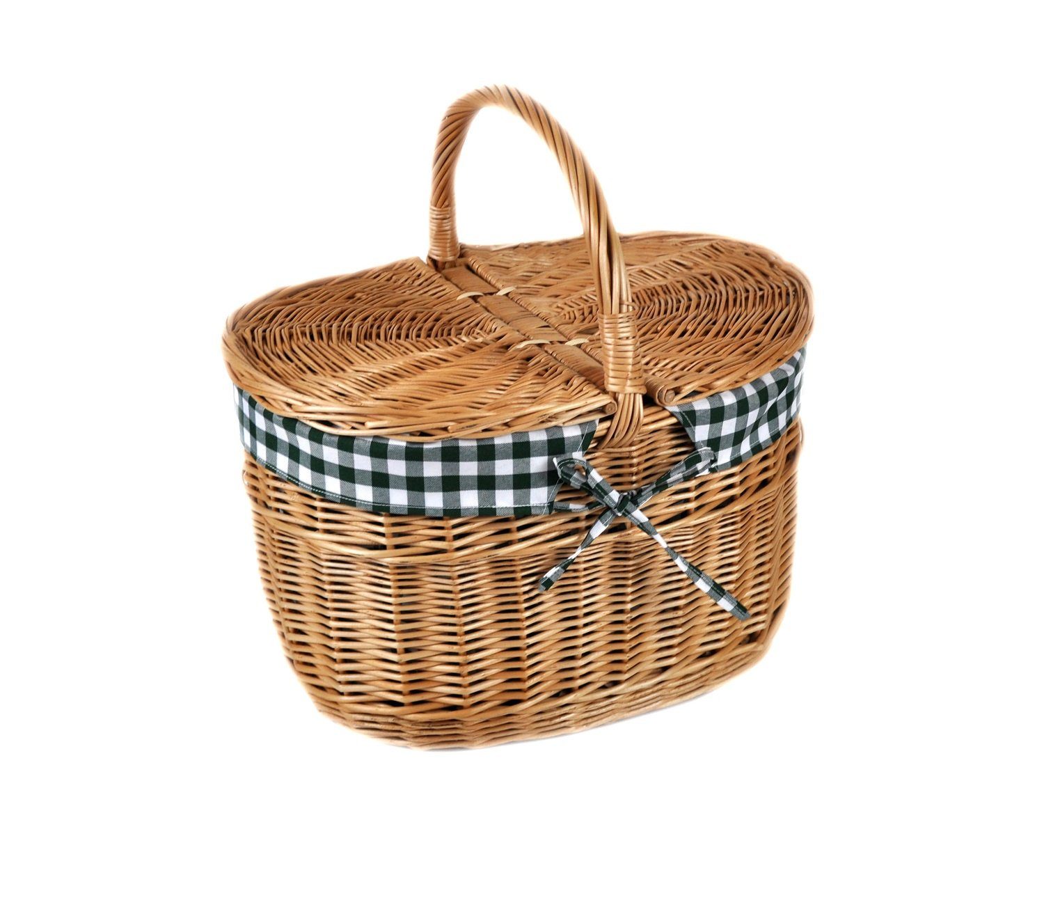 MyBer® Picknickkorb (mit und Weide, pflegeleichter Stoffeinlage 2 Deckeln Einkaufskorb, (grün-weiß Echte Produkt. Nachhaltiges Korb aus kariert), stabil. Tragekorb braun Handarbeit! Sehr Weidenkorb