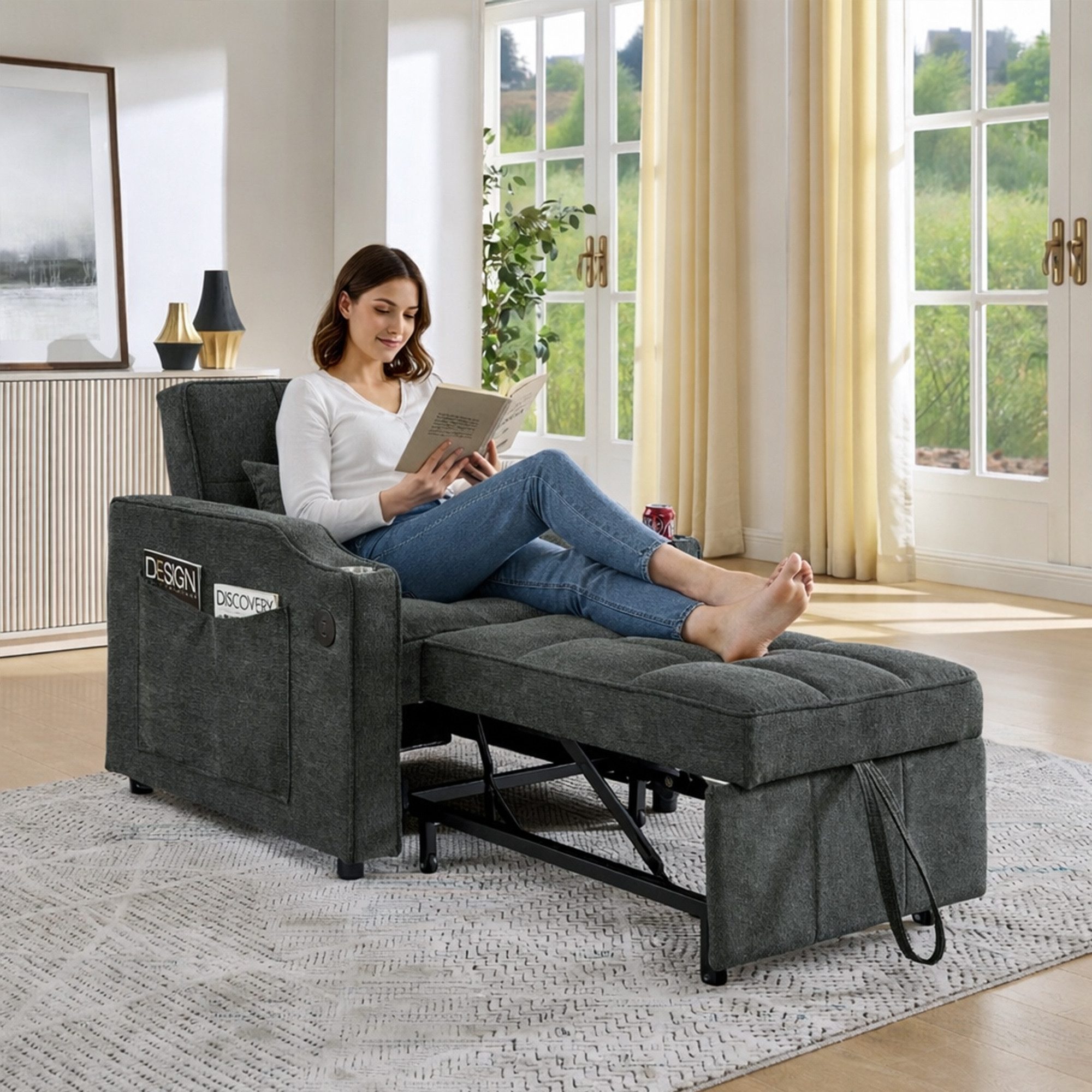 i@home Relaxsessel Schlafsessel mit Bettfunktion 3-in-1 Ausziehbares Schlafsofa (platzsparend für Wohnzimmer und Schlafzimmer), Verstellbarer Einzelsessel mit Seitentasche, für kleinen Raum, Grau
