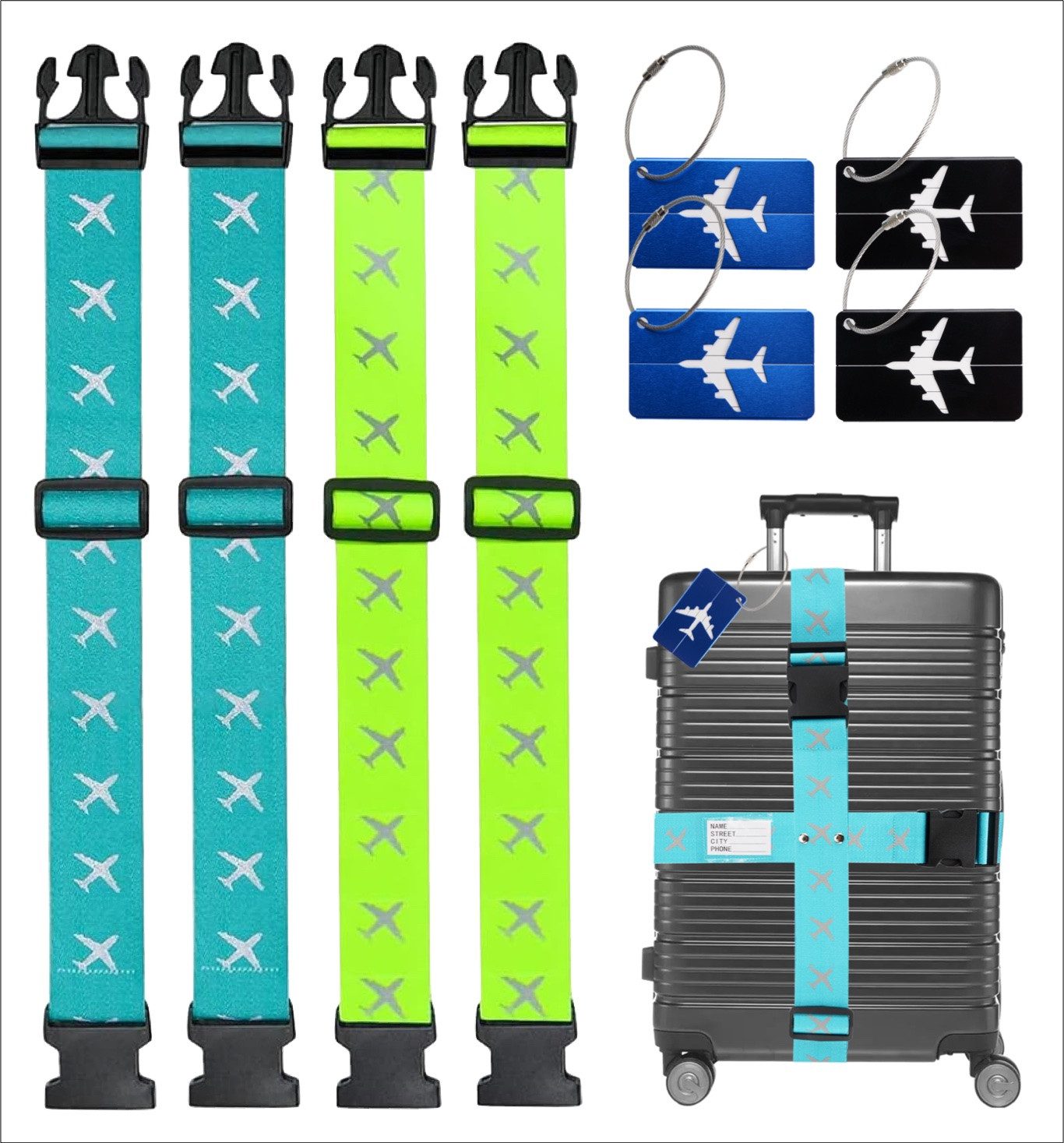 Travelfreund® Koffergurt 4er Kofferband & 4er Koffer Anhänger Set farbig - zum reisen, (Packung, 4-tlg., Kofferband Set), Mit Kofferanhänger