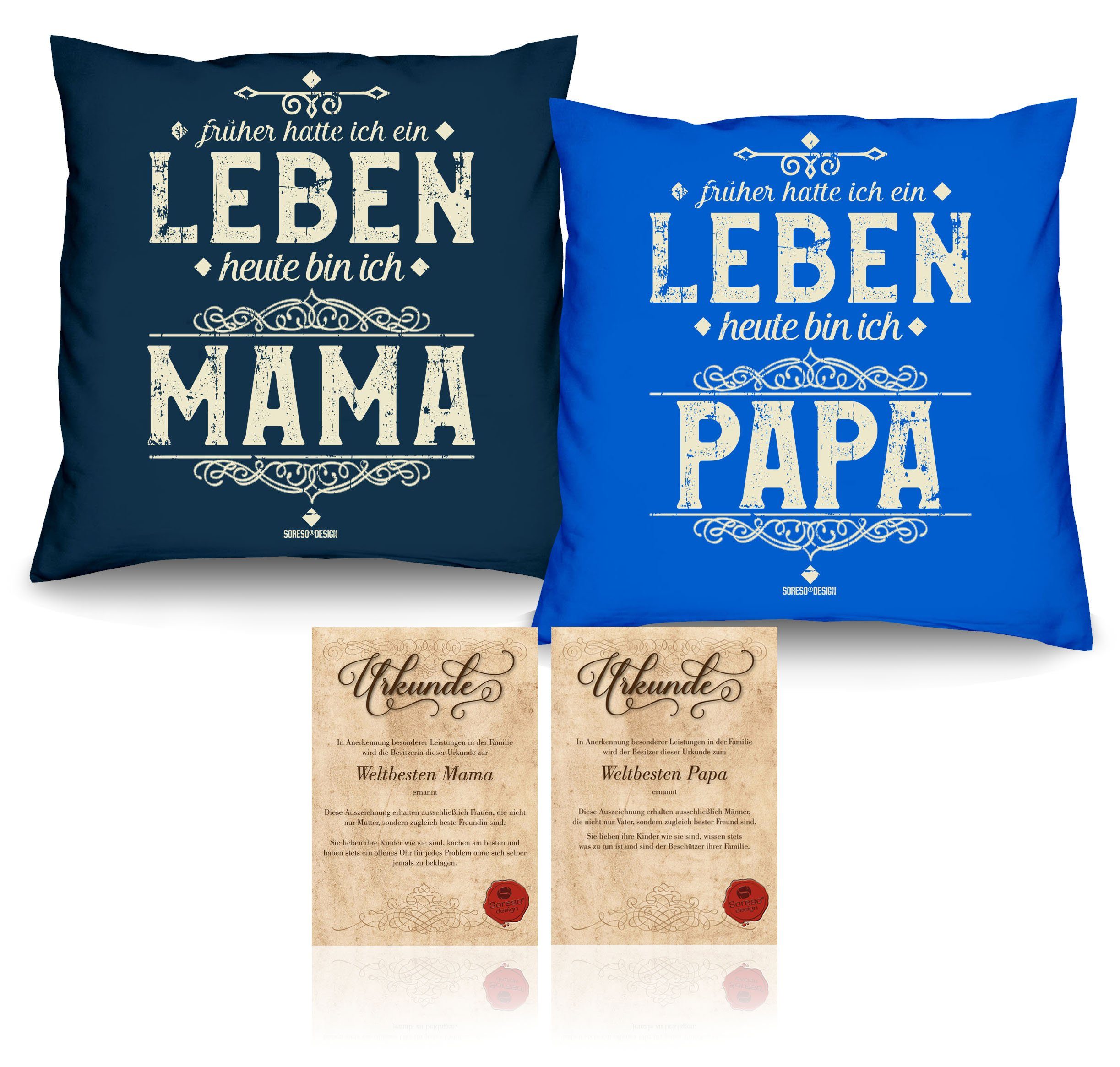 bin - Geburtstag Geschenkset Dekokissen ich Heute Mama Papa Soreso® Kissen-Set mit ich Geschenkidee Heute bin royal-blau Hochzeitstag Urkunden,