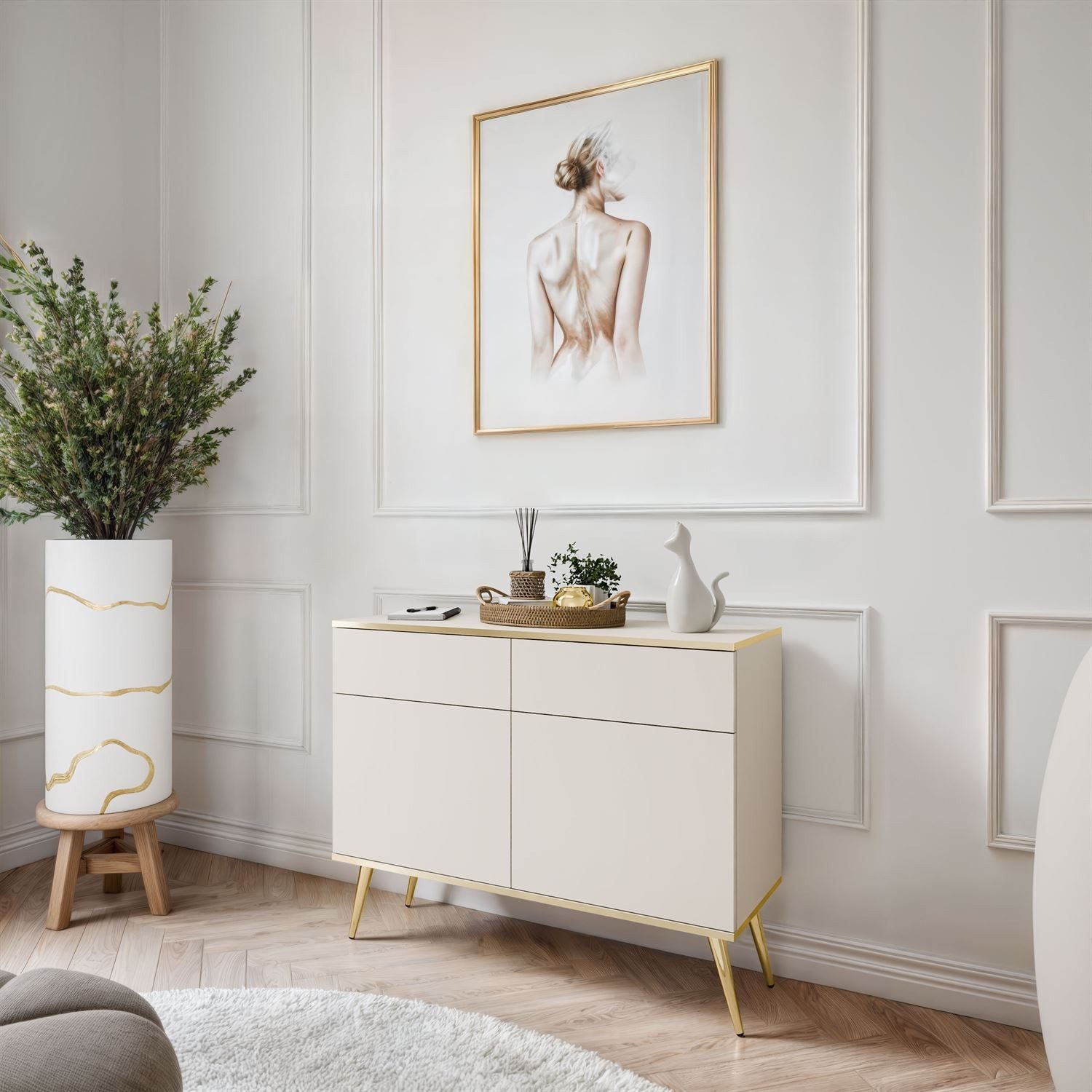 ALLHOUSE24 Kommode SENSO 107 cm zweitürige Sideboard mit zwei Schubladen gold Metallfüße (1x Kommode), Breite 107 cm