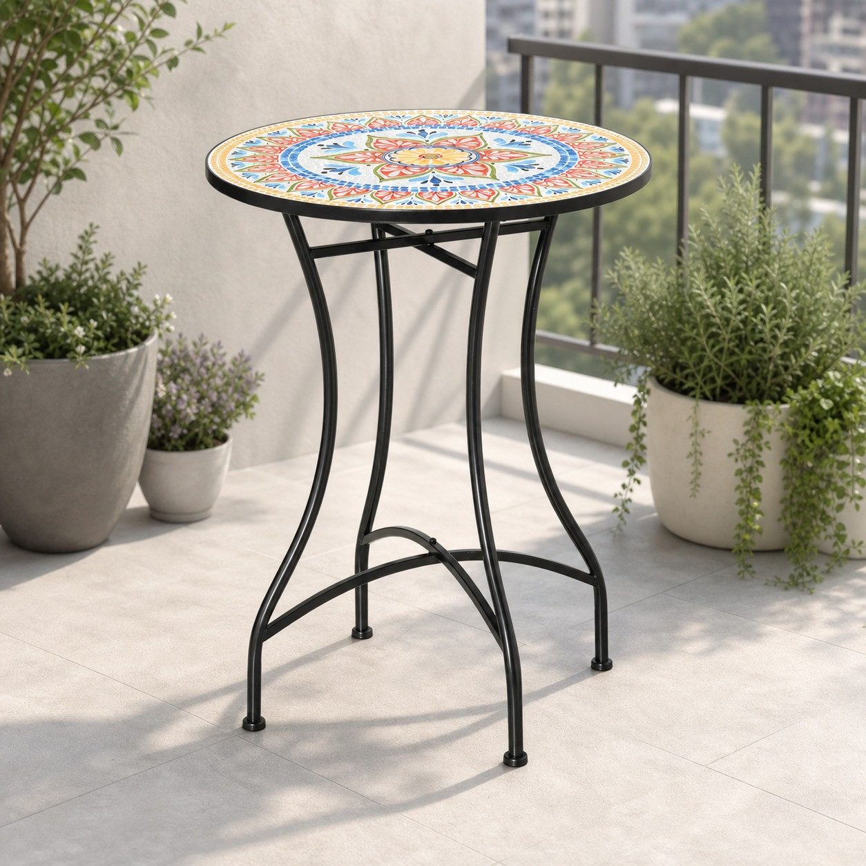 MODFU Gartentisch Beistelltisch für Balkon & Terrasse mit Mosaik Tischplatte Ø60 cm (Packung, 1-St., Outdoor Gartentisch rund für Garten & Sitzgruppe geeignet), Runder Mosaik Gartentisch Bistrotisch Keramik Metall Rot/Blau/Weiß