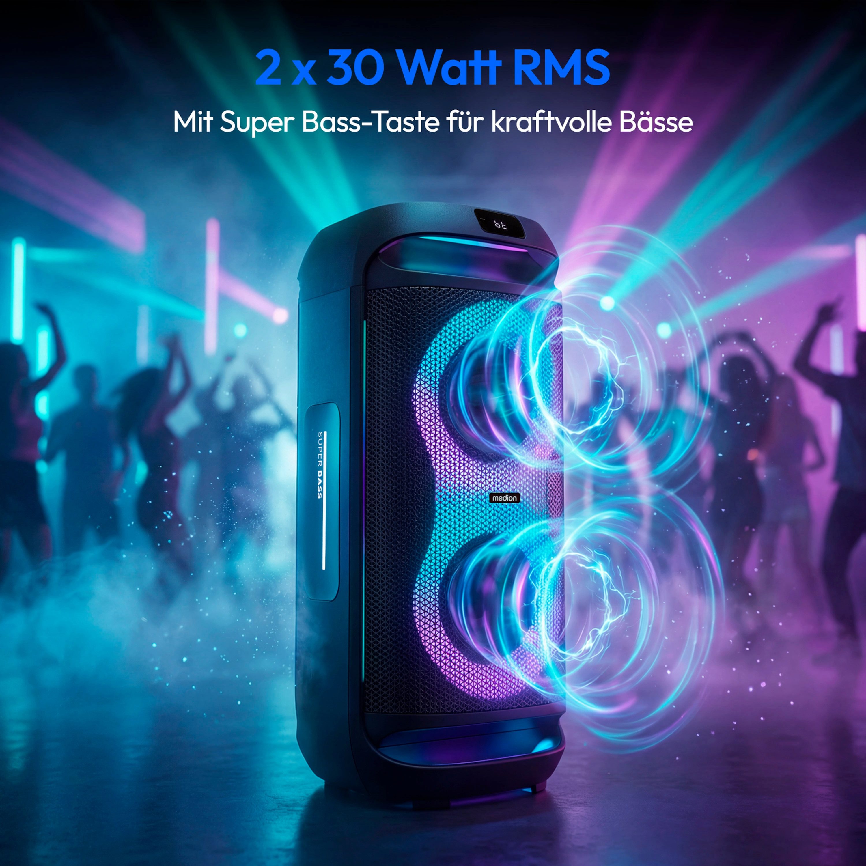 Medion® MEDION LIFE PE-2 Plus (MD400002) Lautsprecher (Bluetooth, 60 W, True Wireless Stereo(TWS), LED-Beleuchtung an der Front & Tragegriffen)