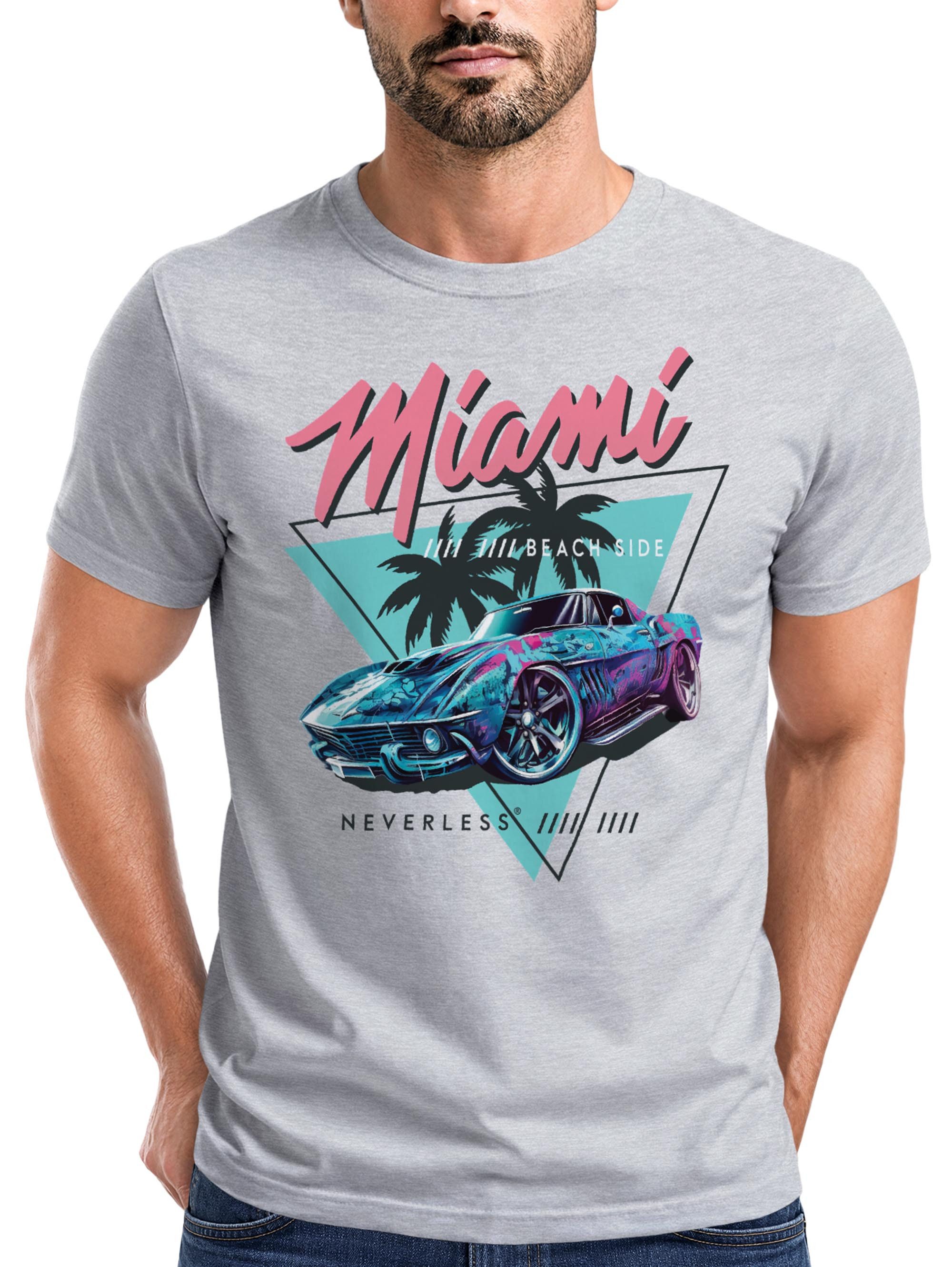 Neverless Print-Shirt Herren T-Shirt Bedruckt Miami Beach Surfing Motiv USA Retro Automobil mit Print