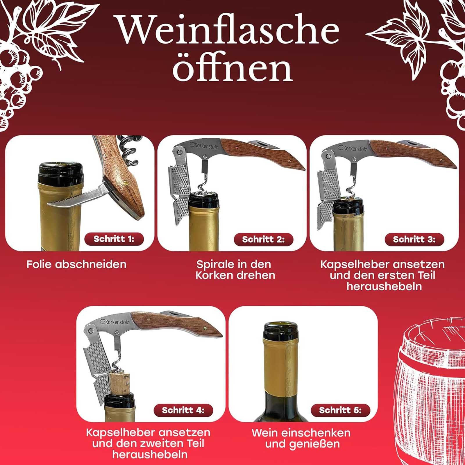 Korkenstolz Korkenzieher Flaschenöffner Edelstahl Kellnermesser Sommeliermesser Weinöffner, (1 tlg), mit Holzgriff – Bild 4 von 5