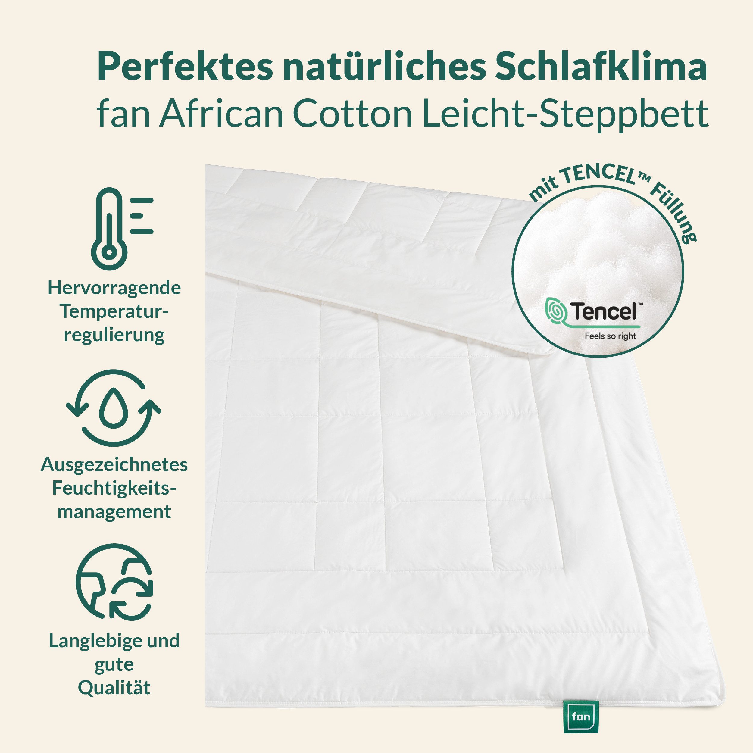 fan Naturfaserbettdecke African Cotton, 135x200 cm und weitere Größen, Füllung: 100% Lyocell (TENCEL), Bezug: 100% Baumwolle, Bettdecke für Winter oder Sommer. Hergestellt in Deutschland