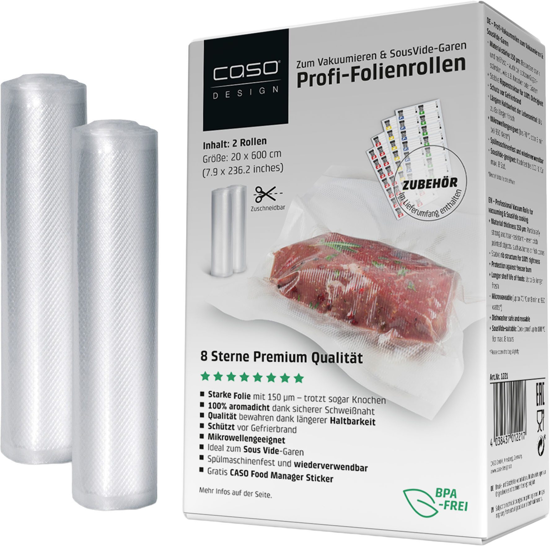 Caso Vakuumier-Folienrollen 1221, 20 x 60 cm, Zubehör für alle handelsüblichen Balken Vakuumierer, 2 Stück
