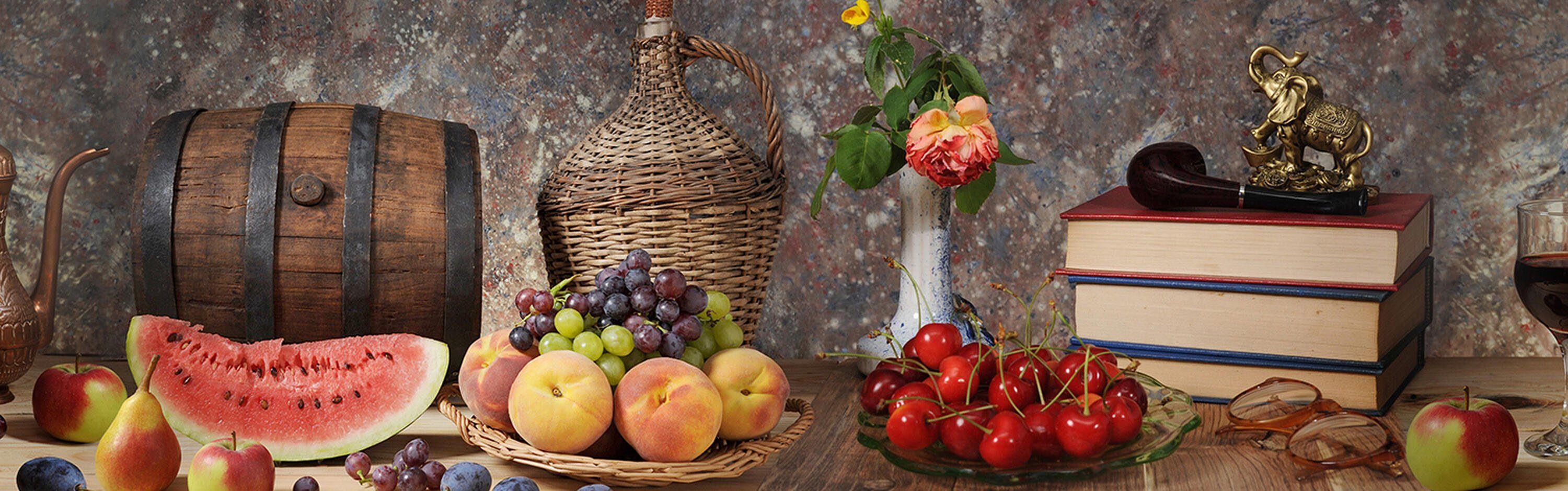 Tafel Hartschaum Küchenrückwand (1-tlg), Pfirsisch, Obst Wein wandmotiv24 Früchte in Premium Nischenrückwand Größen Melone versch.