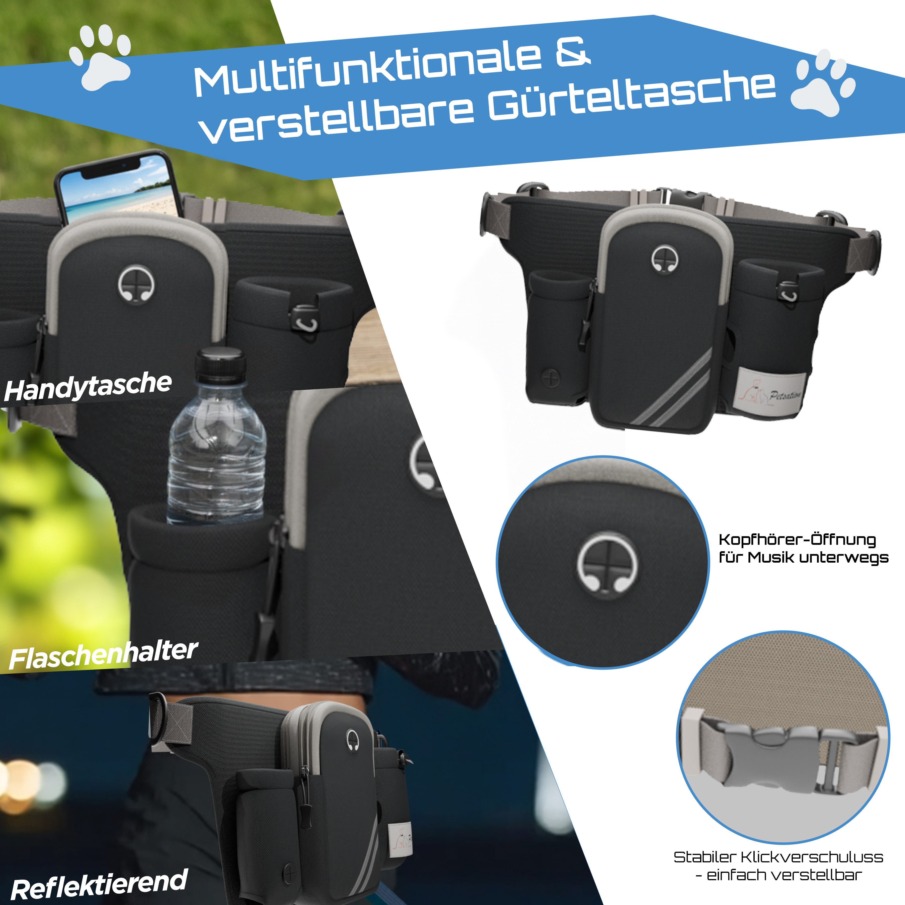 Petsation Joggingleine Joggingleine Hundeleine mit Bauchgurt & Tasche – Joggen Wandern