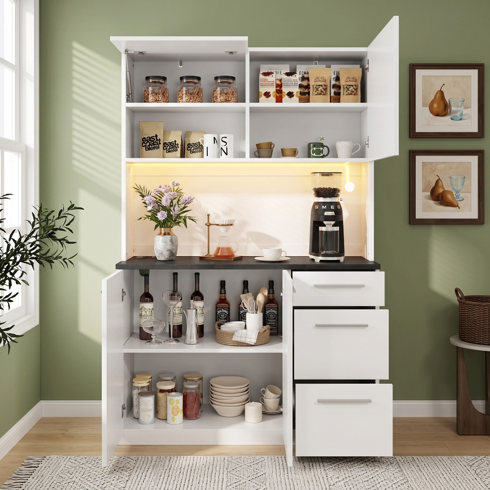 Flieks Küchenbuffet mit Steckdosen, LED-Beleuchtung und verstellbarer Einlegeböden (mit schwarzer Arbeitsplatte in Steintextur, 1-St., B120/T40/H180 cm) Hochschrank Küchenschrank Geschirrschrank mit Ladefunktion Weiß