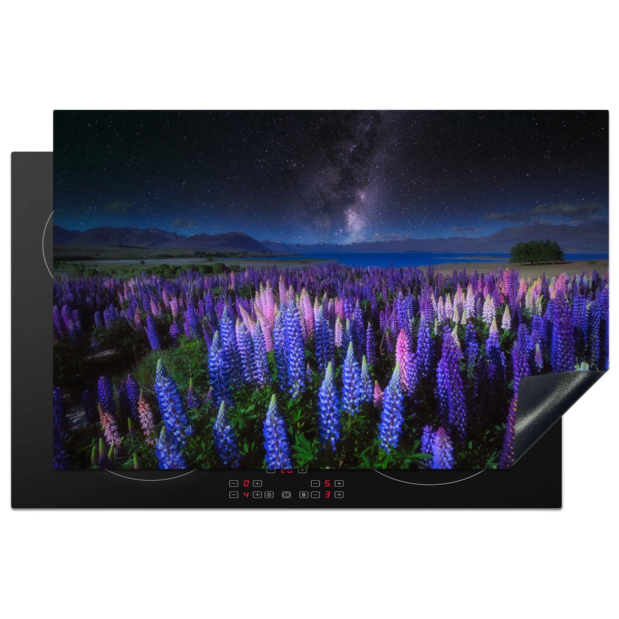 MuchoWow Herdblende-/Abdeckplatte Blumen - Nacht - Lupine - Sternenhimmel - Lila - Natur, Vinyl, (1 tlg), 81x52 cm, Induktionskochfeld Schutz für die küche, Ceranfeldabdeckung