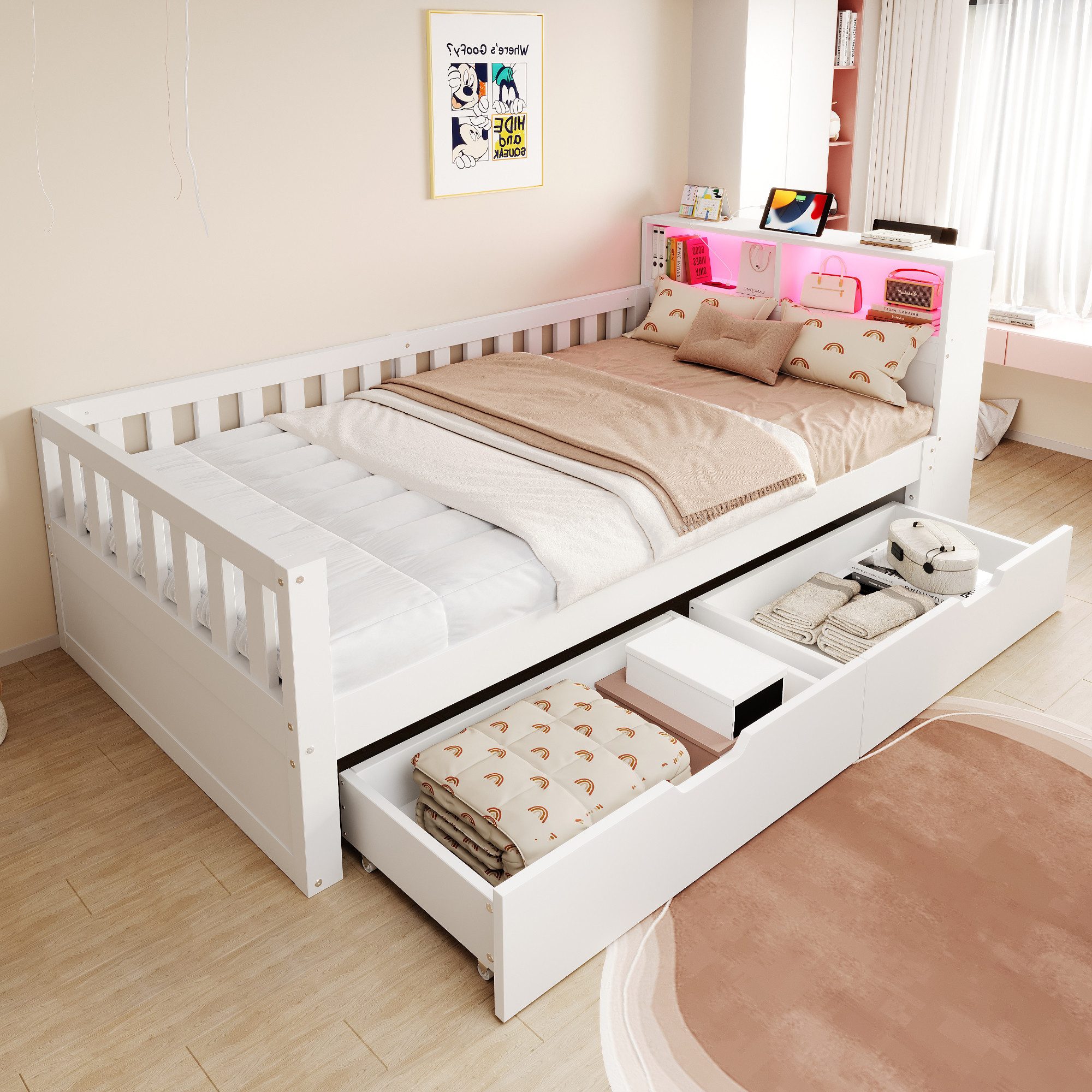 Flieks Holzbett, Kinderbett Einzelbett 90×200cm mit Schubladen, Lichtleiste, Aufladen
