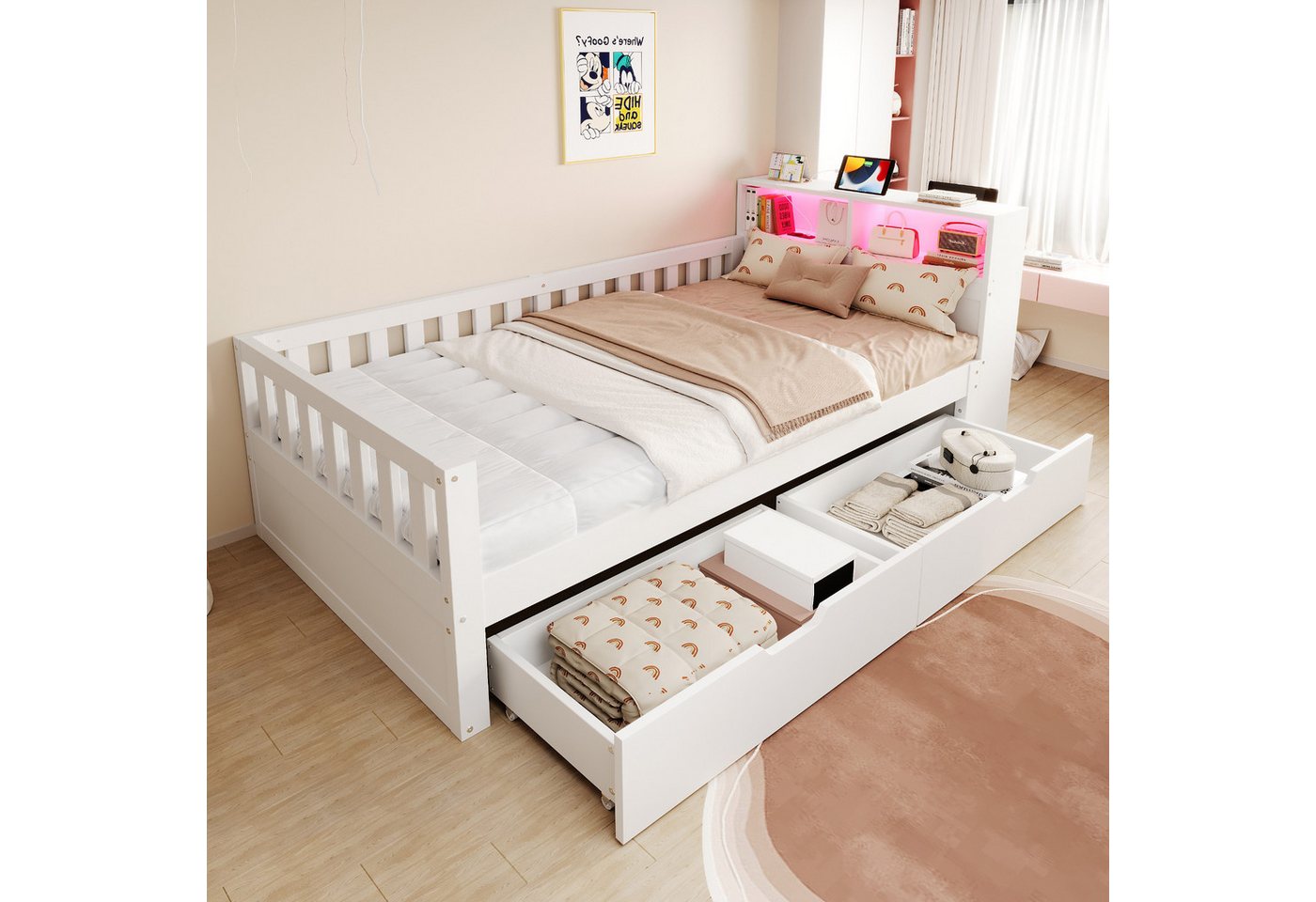 Flieks Holzbett, Kinderbett Einzelbett 90×200cm mit Schubladen, Lichtleiste, Aufladen