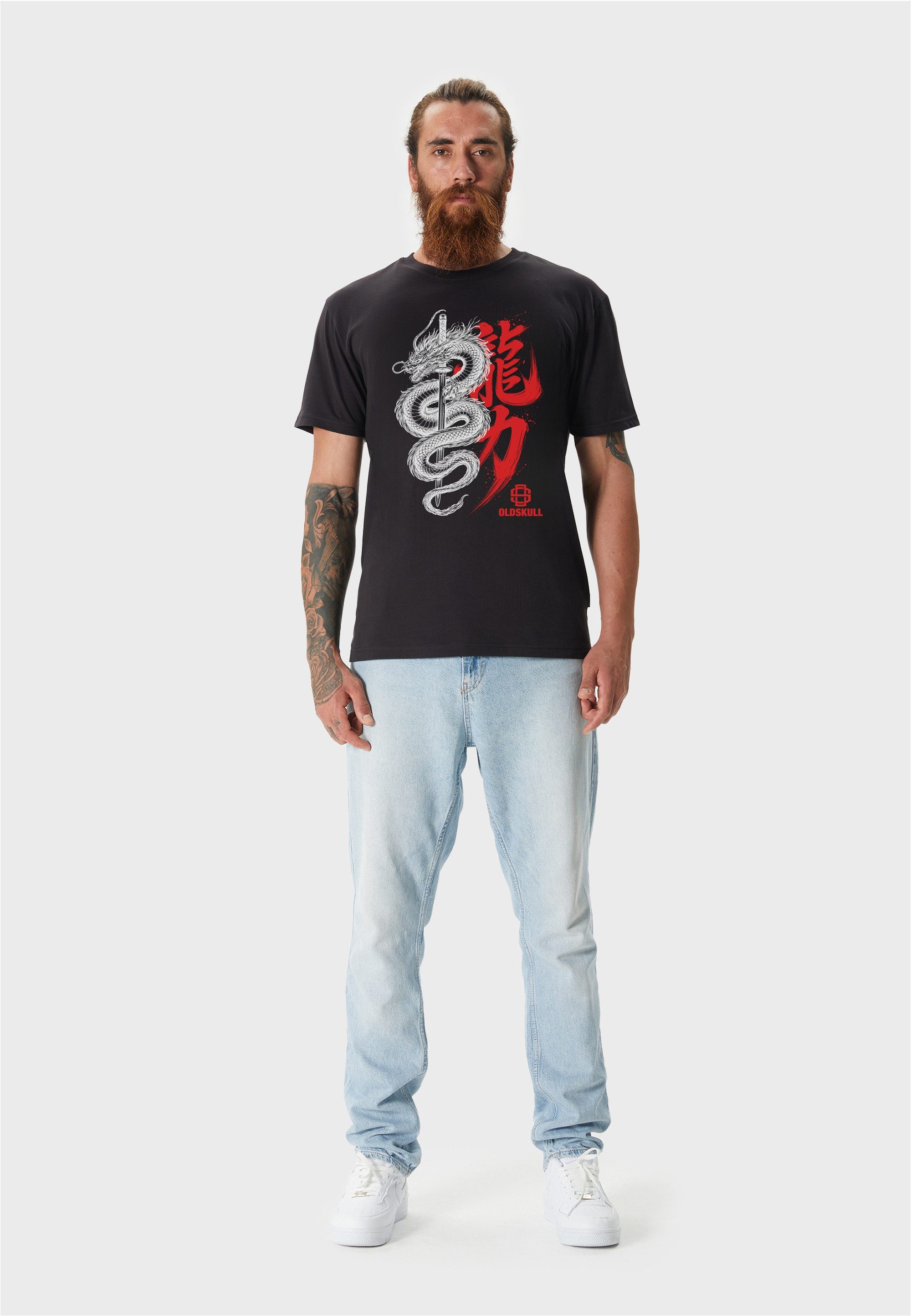 Oldskull T-Shirt Asian Dragon Kanji Graphic mit großem Drachen-Motivdruck