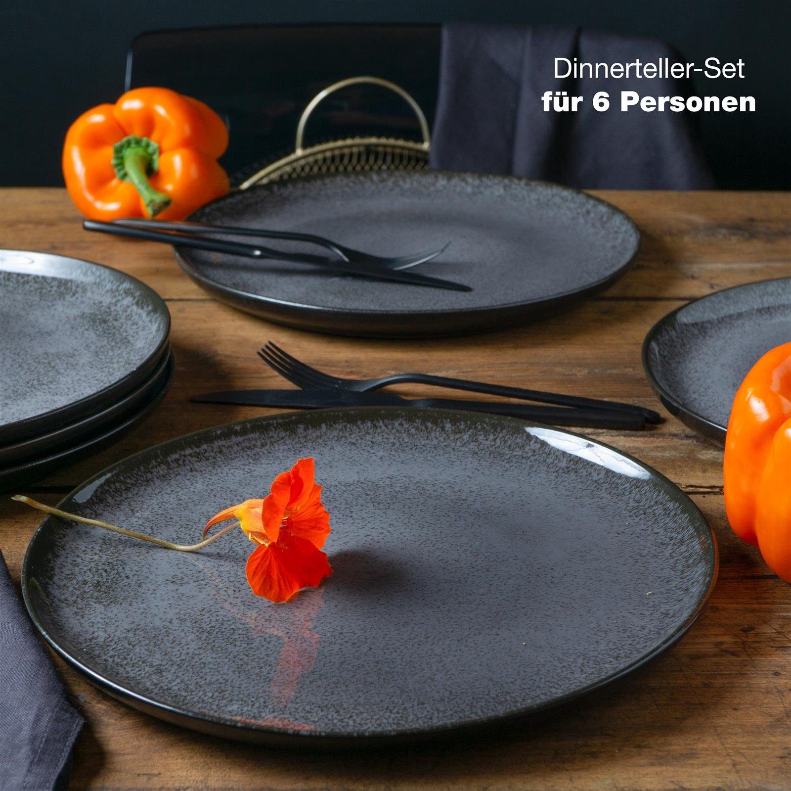 Moritz & Moritz Tafelservice VIDA Dinnerteller für 6 Personen Anthrazit (6-tlg), 6 Personen, Porzellan, Speiseteller Geschirrset für 6 Personen