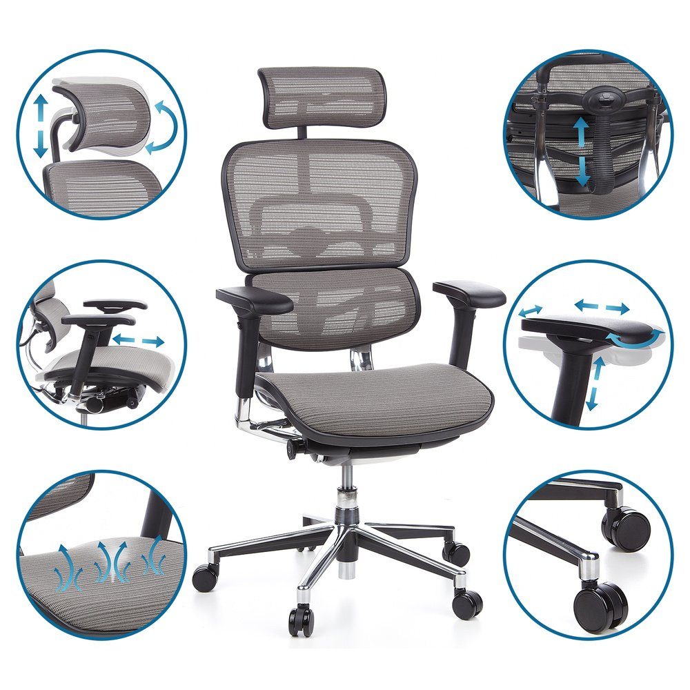 Netzstoff OFFICE ergonomisch (1 hjh Chefsessel Bürostuhl ERGOHUMAN Grau Luxus Drehstuhl St),