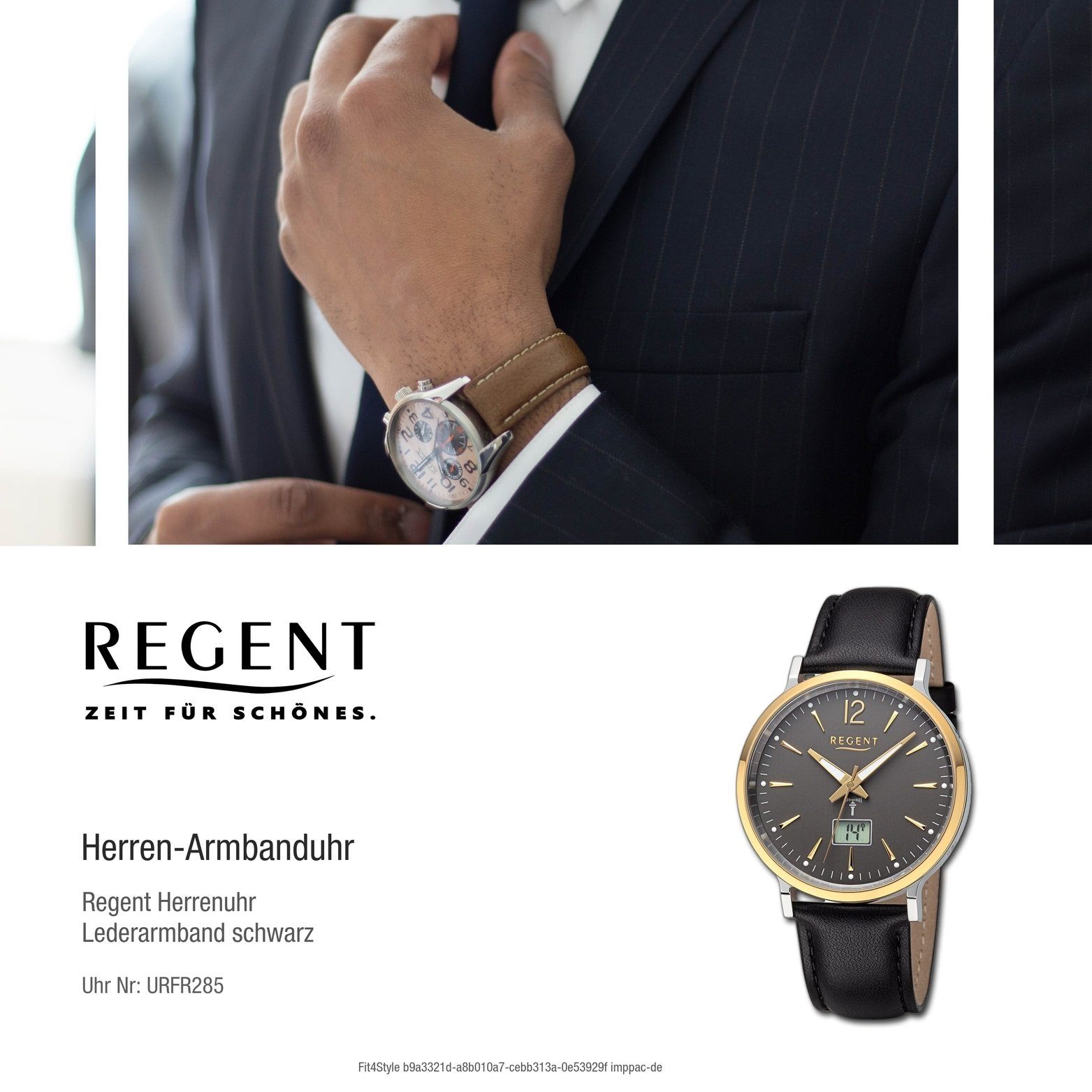 Regent Quarzuhr Regent Herren Armbanduhr Lederarmband Gehäuse, extra groß rundes (ca. 40mm) Herrenuhr schwarz, Analog-Digital