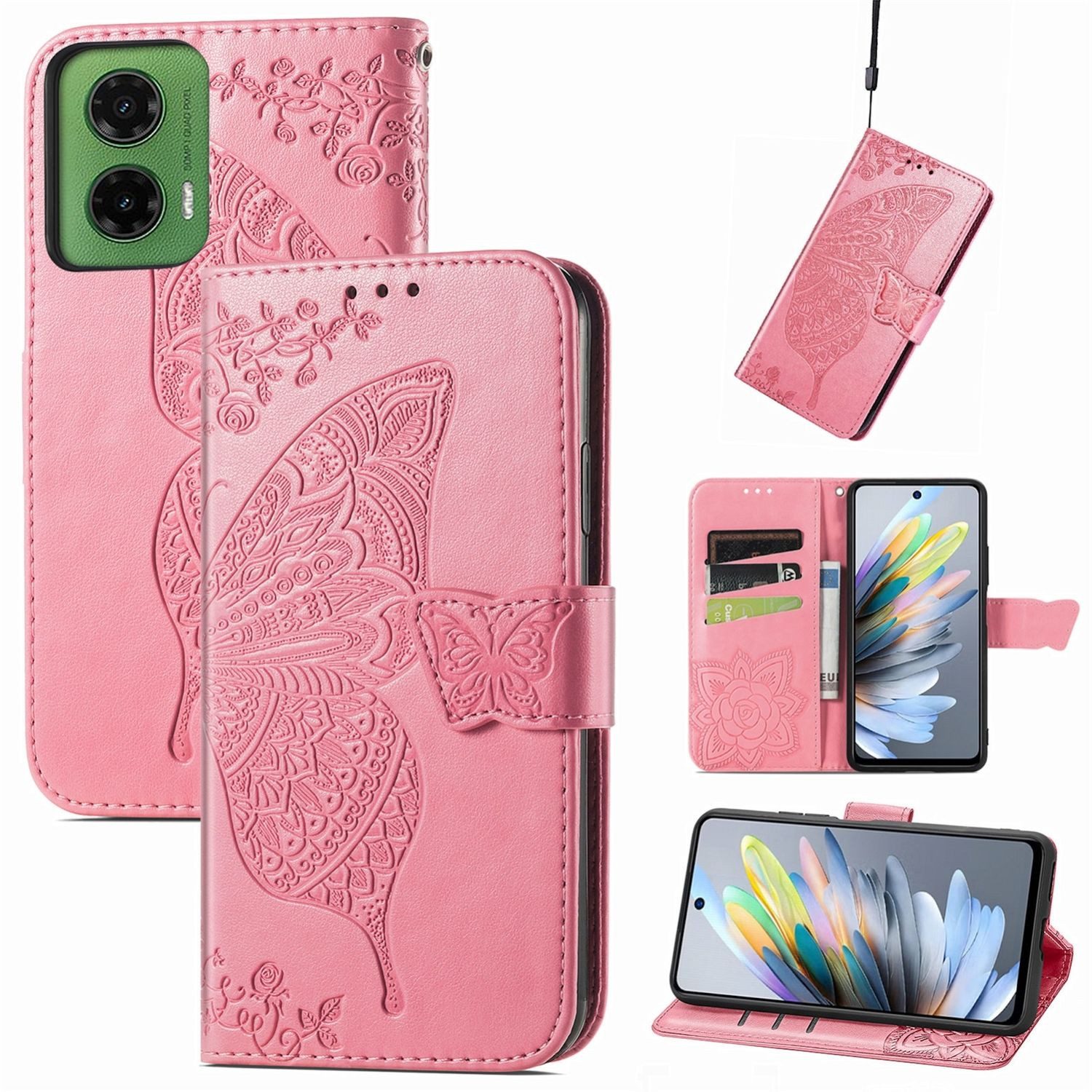 Wigento Smartphone-Hülle Für Motorola Moto G35 Kunstleder Schmetterling Handy Tasche Hülle Pink, Kunst-Leder Schutzhülle Smart Case Cover magnetischer Verschluss