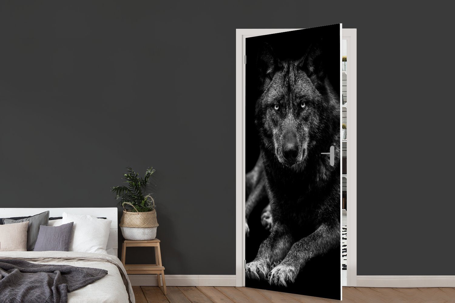 - 75x205 Schwarz Türtapete Weiß Fototapete (1 - Porträt, Tür, bedruckt, Matt, - St), cm Türaufkleber, Tiere MuchoWow für Wolf -