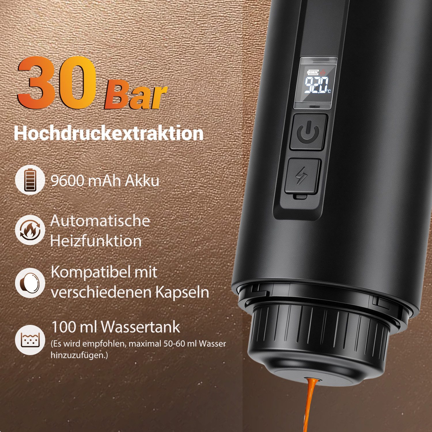 CkeyiN Reisekaffeemaschine Espressomaschine tragbar 30 Bar 100ml Wassertank, 0,325l Kaffeekanne, Korbfilter, für NES Kapseln, Kaffeepulver, Kaffeemaschine unterwegs Büro