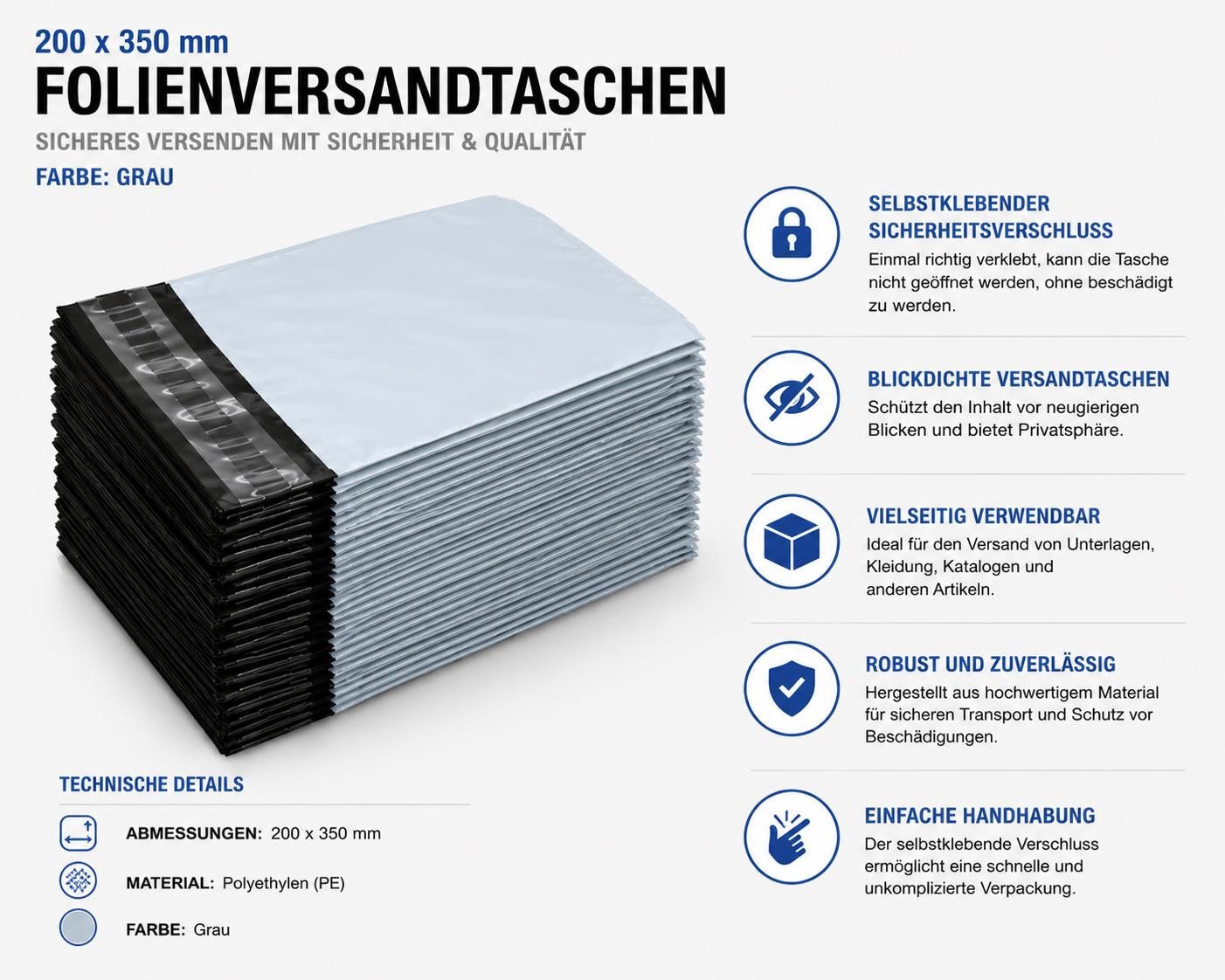BAYLI Sonnenbrille 450 Stück Folienversandtaschen selbstklebend, 200 x 350 mm Versandbeu