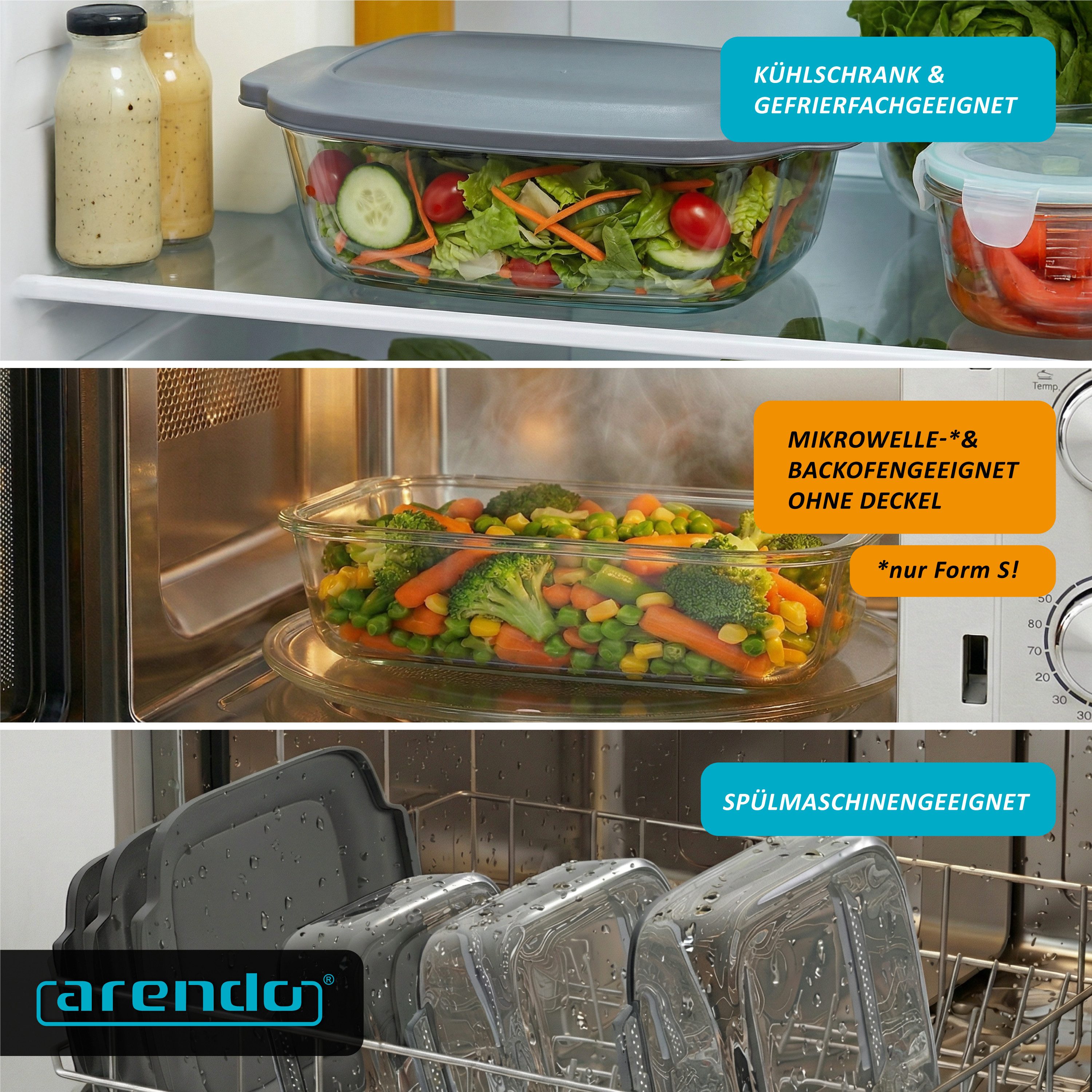 Arendo Auflaufform 3er Set 2000ml, 2700ml & 3800ml mit Deckel & Griffen, stapelbar, Glas, (3-St), Glasbehälter, Borosilikatglas, ofenfest, mikrowellengeeignet, BPA-frei