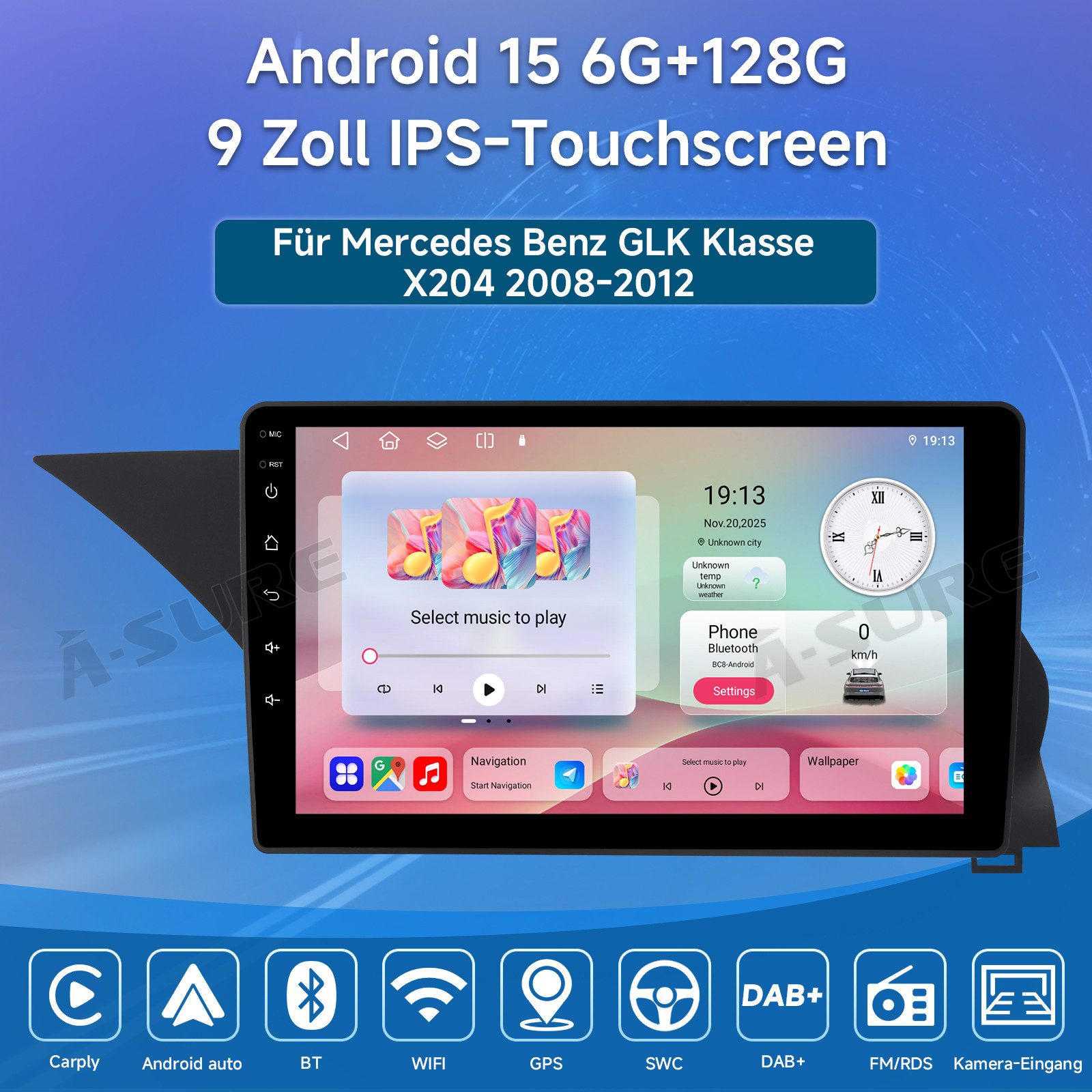 A-Sure Android 15 Carplay Navi Für Mercedes-Benz GLK-Klasse X204 2008-2015 Autoradio (Digitalradio (DAB), FM, AM)