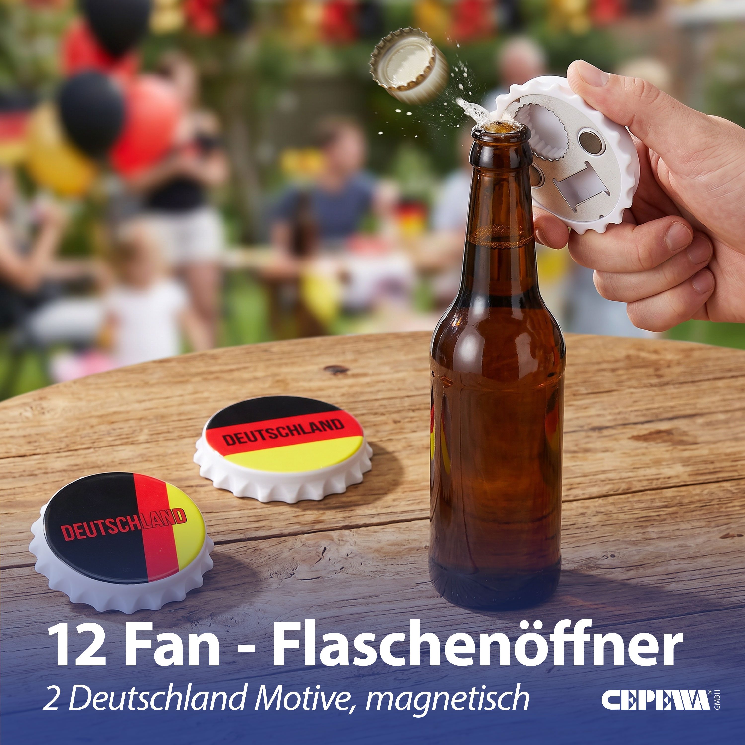 CEPEWA Flaschenöffner Flaschenöffner 12er Set 2 Motive Ø8cm schwarz rot gold ABS magnetisch