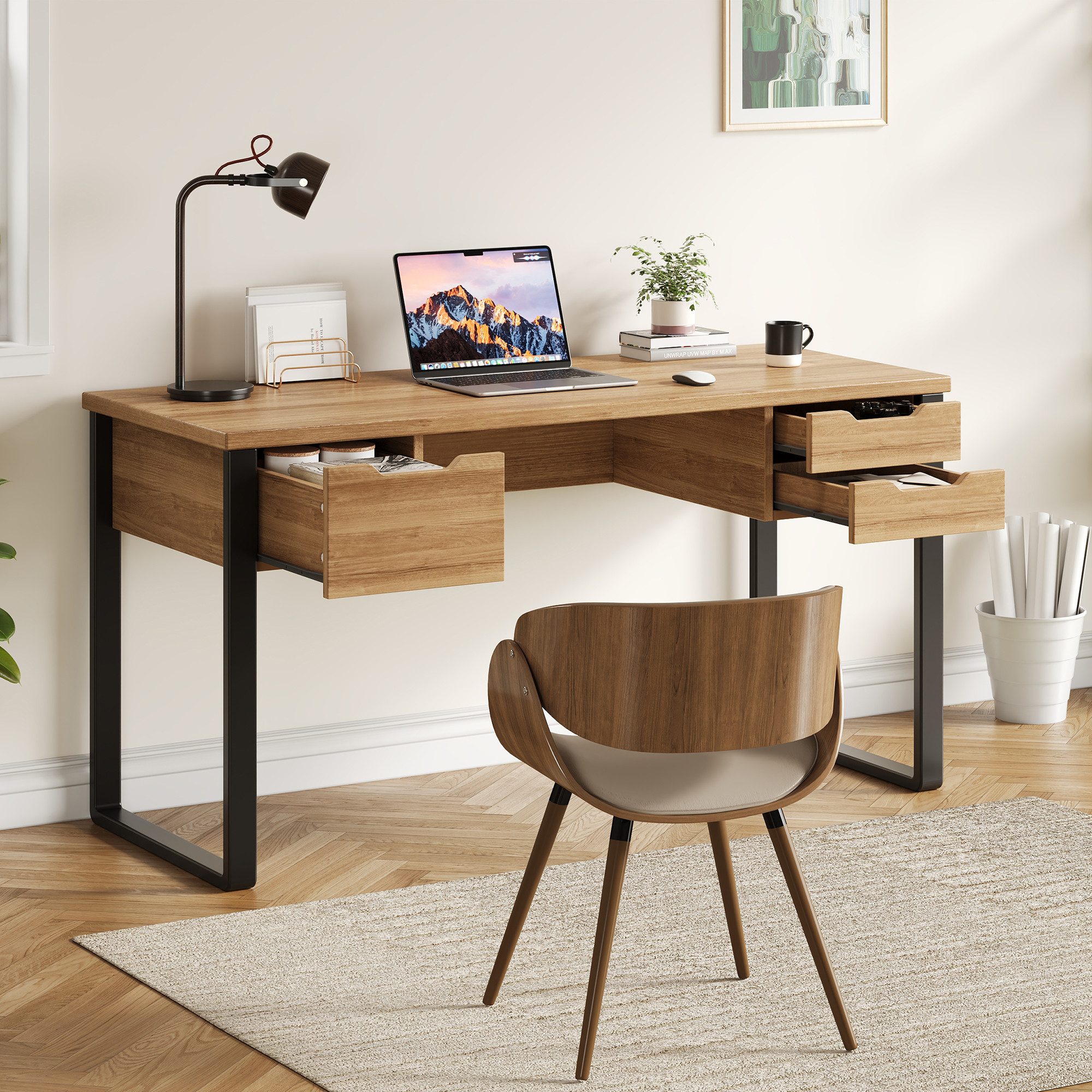 Merax Schreibtisch 130x55x76cm, Minimalistischer Bürotisch (1-St., Mit 3 Schubladen), Stahl Holz Schreibtisch Mit Metallrahmen, Computertisch