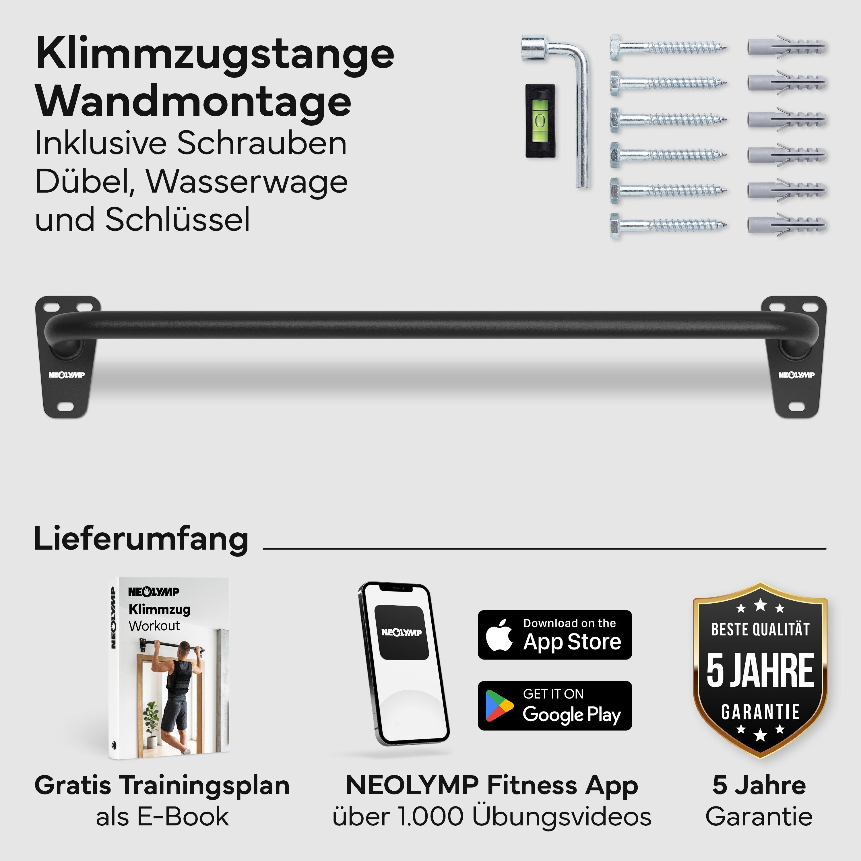 NEOLYMP Klimmzugstange Klimmzugstange Wandmontage bis 200 kg – Pull Up Bar Stahl, Bis 200 kg belastbar und aus Massive Stahlkonstruktion