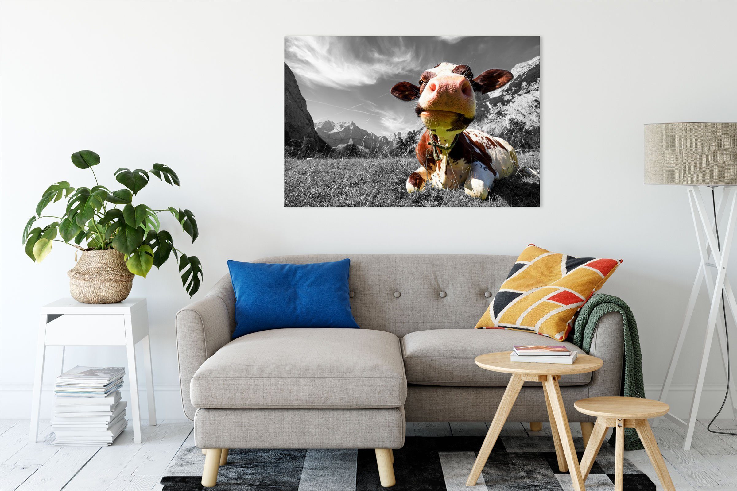 bespannt, (1 Pixxprint Leinwandbild St), fertig inkl. Karwendelgebirge Leinwandbild Karwendelgebirge, Kuh im Kuh Zackenaufhänger im