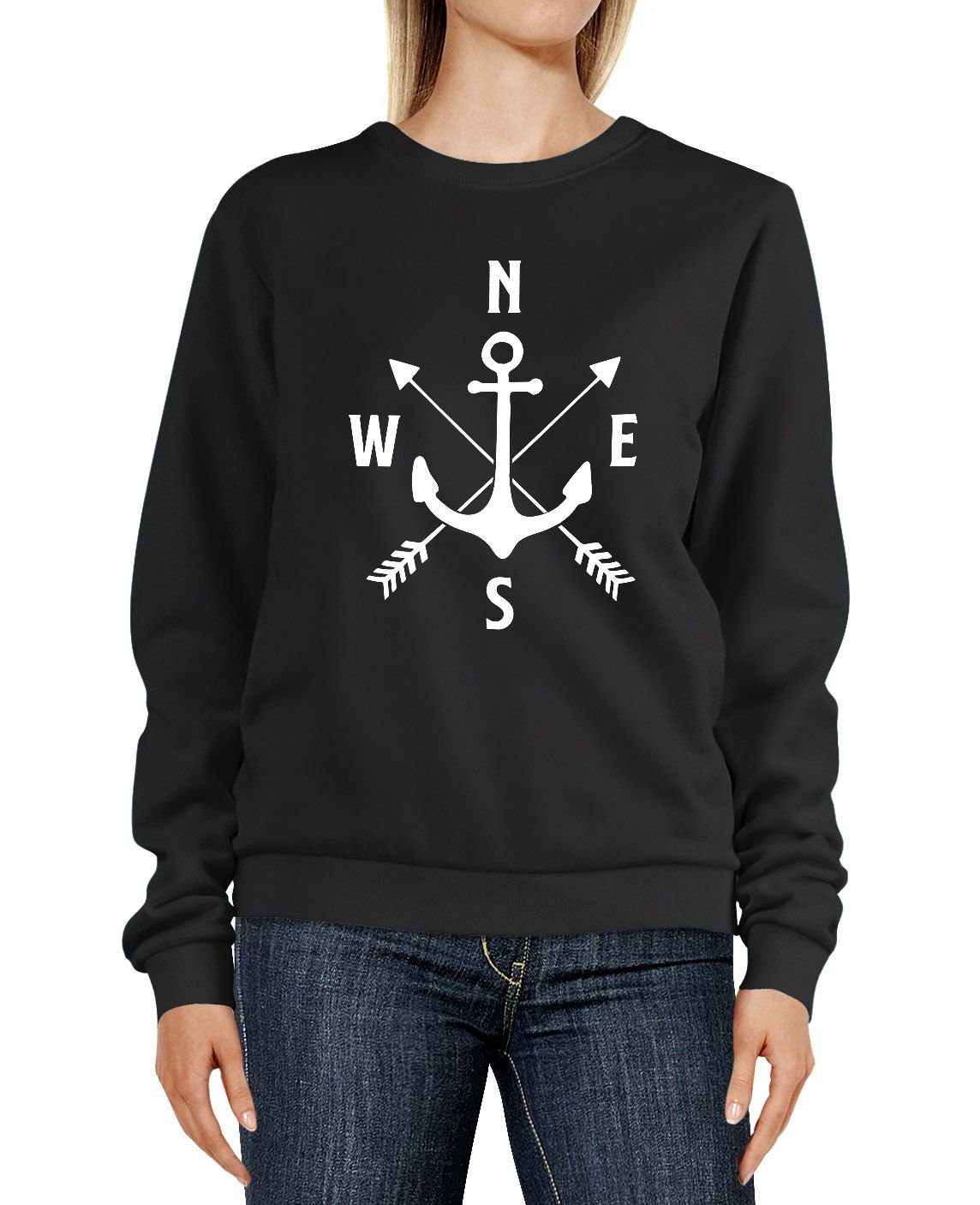 schwarz Sweater Sweatshirt Anker Aufdruck Pulli Kompass Rundhals-Pullover Sweatshirt Damen Moonworks® MoonWorks Pfeile Motiv