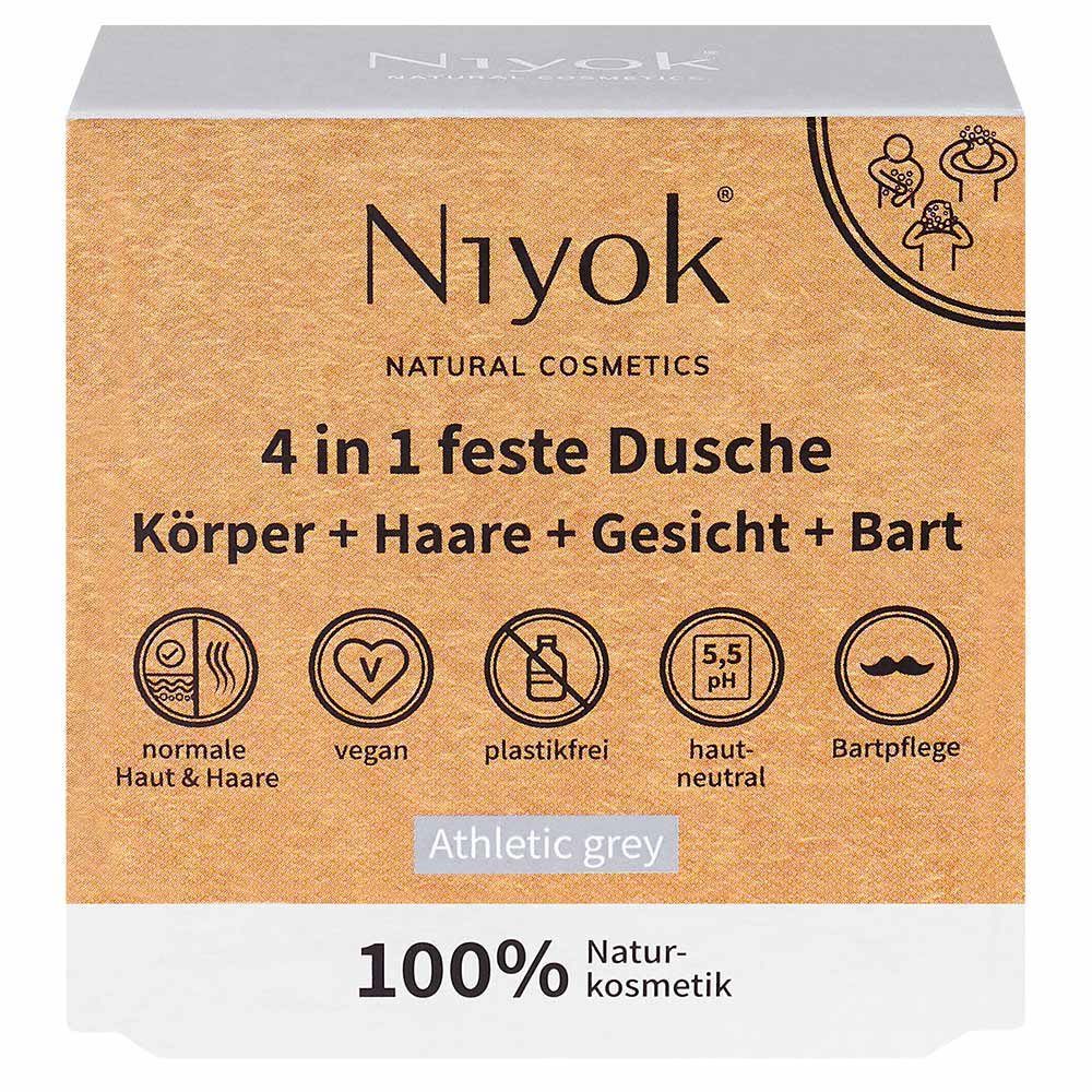 Niyok Feste Duschseife in feste Dusche Körper Haare Gesicht Bart Athletic grey, 80 g