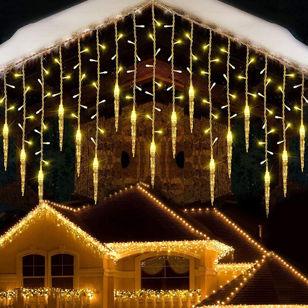 Rosnek LED-Lichtervorhang Weihnachtsdeko, Memory-Funktion; Eiszapfen-Anhänger, anschließbar wasserdicht, Traufe 8 Warmweiß für Modi