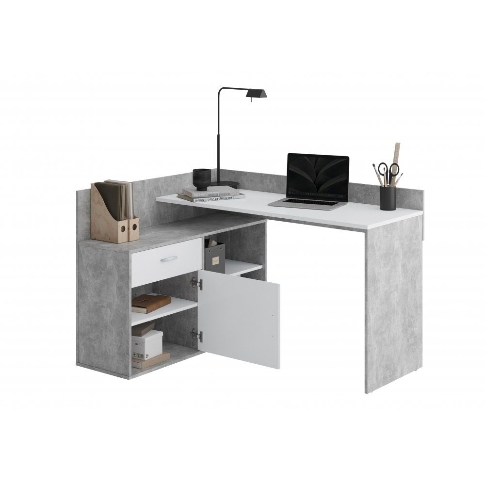 FMD Möbel Schreibtisch Schreibtisch Winkelschreibtisch 129 ca. grau/Weiß cm Beton RUST Office x 1 Home 105 Eckschreibtisch
