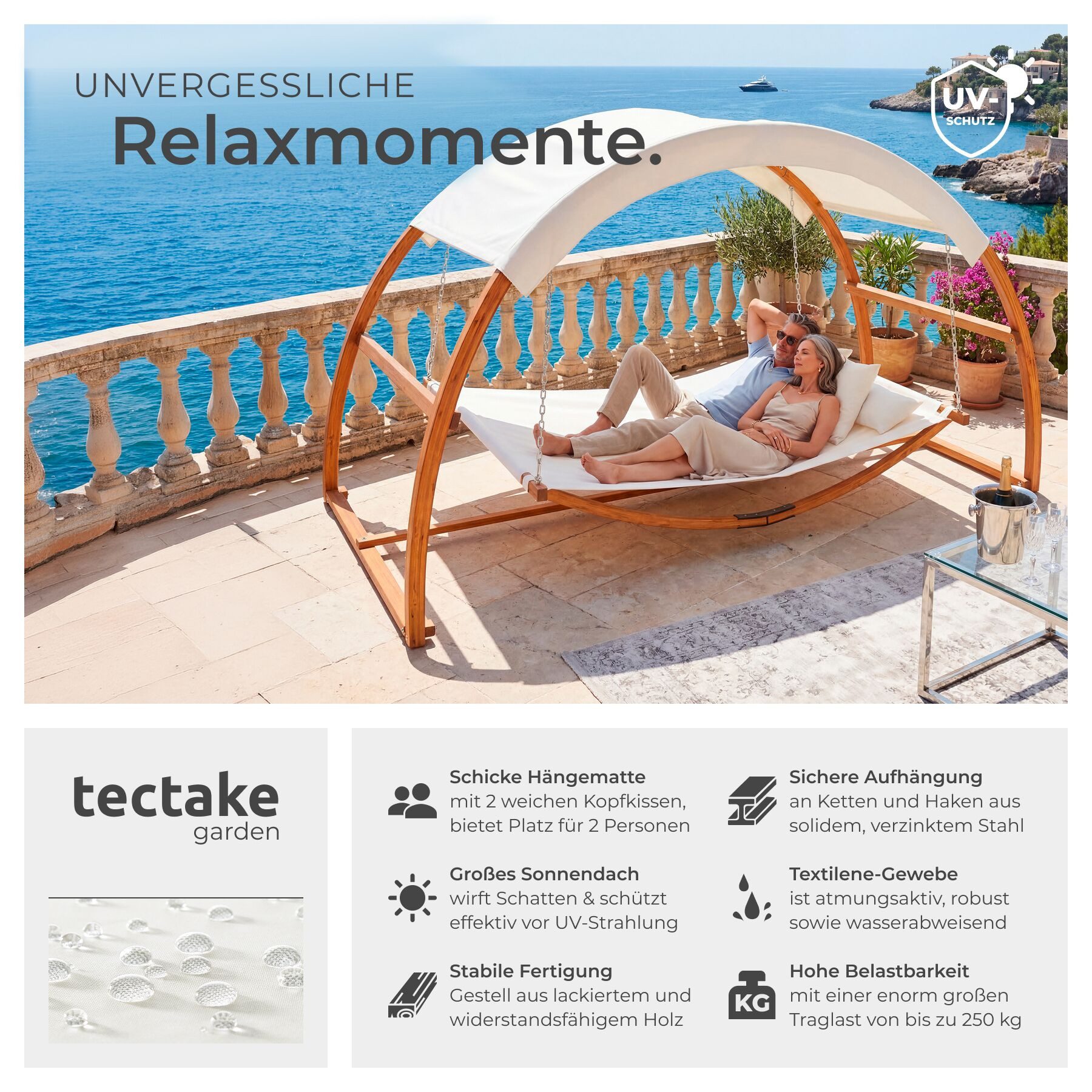 tectake Hängematte Hammock Locarno für 2 Personen 328x160x171,5cm, mit Holzgestell, für 2 Personen