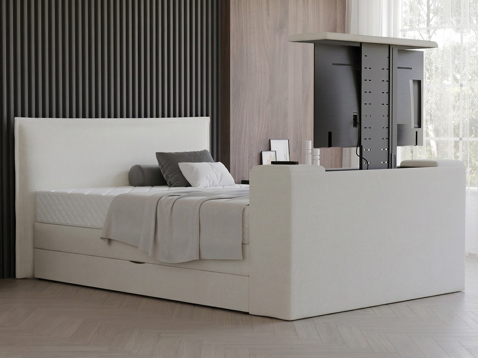 PAARA Boxspringbett mit TV Lift und Bettkasten inkl. Matratze mit integrierten Topper, mit einzigartigem Belüftungssystem