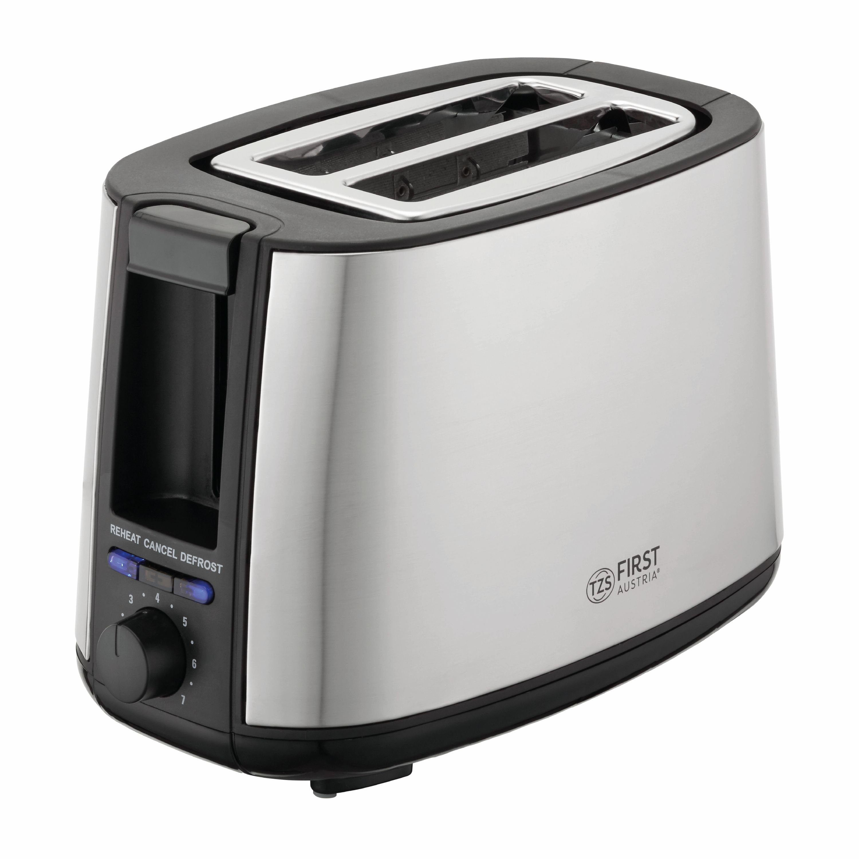 TZS FIRST AUSTRIA Toaster 2 Scheiben, Selbstzentrierfunktion, 7 Bräunungsstufen, 650-750W, für, 750 W, Auftau- und Aufwärmfunktion, Brötchenwärmer, Schwarz/Edelstahl