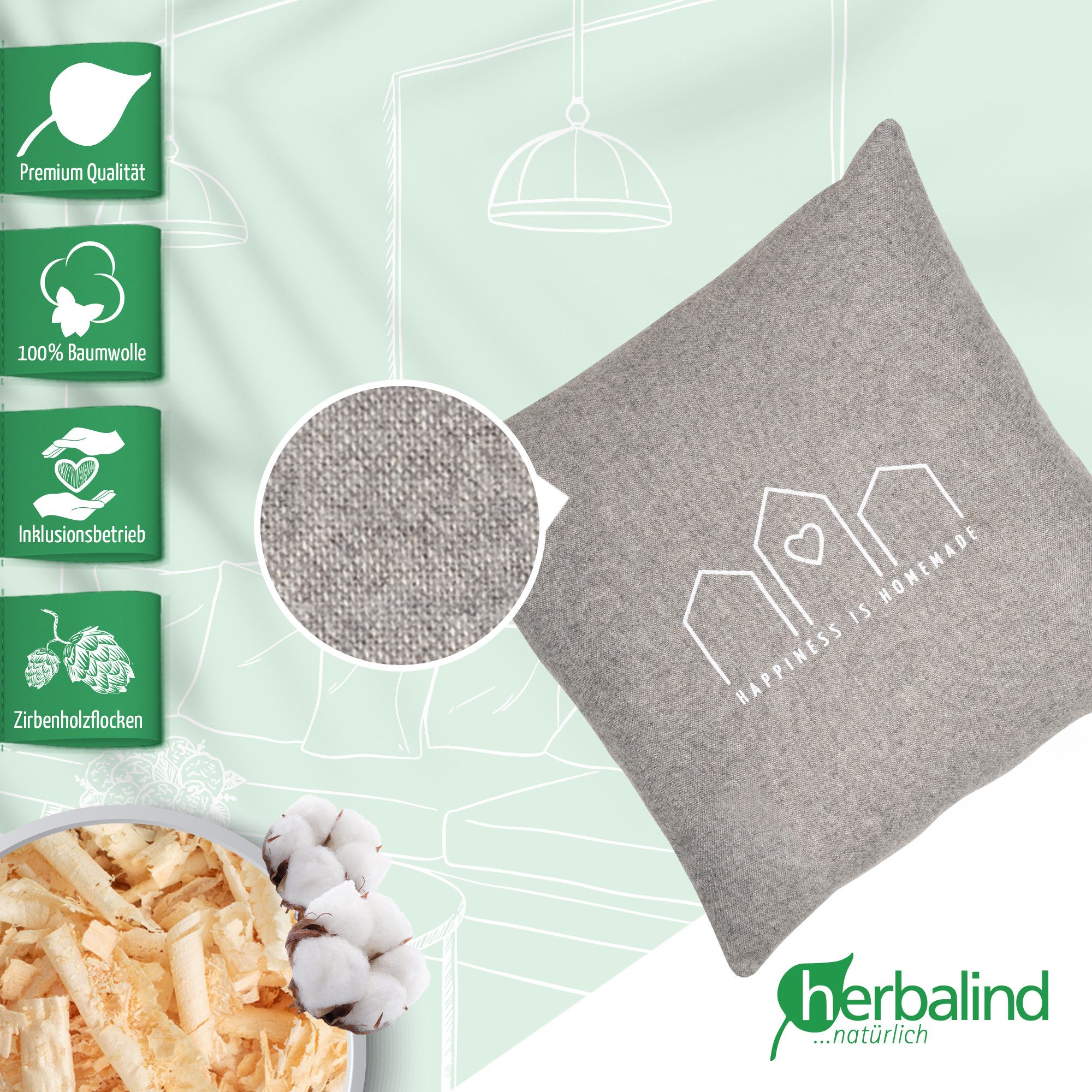herbalind Zirbenkissen Happiness is Homemade - Flanell in grau 30x30 mit Reißverschluss, 100% Baumwolle mit Zirbe Füllung - Handmade in Germany