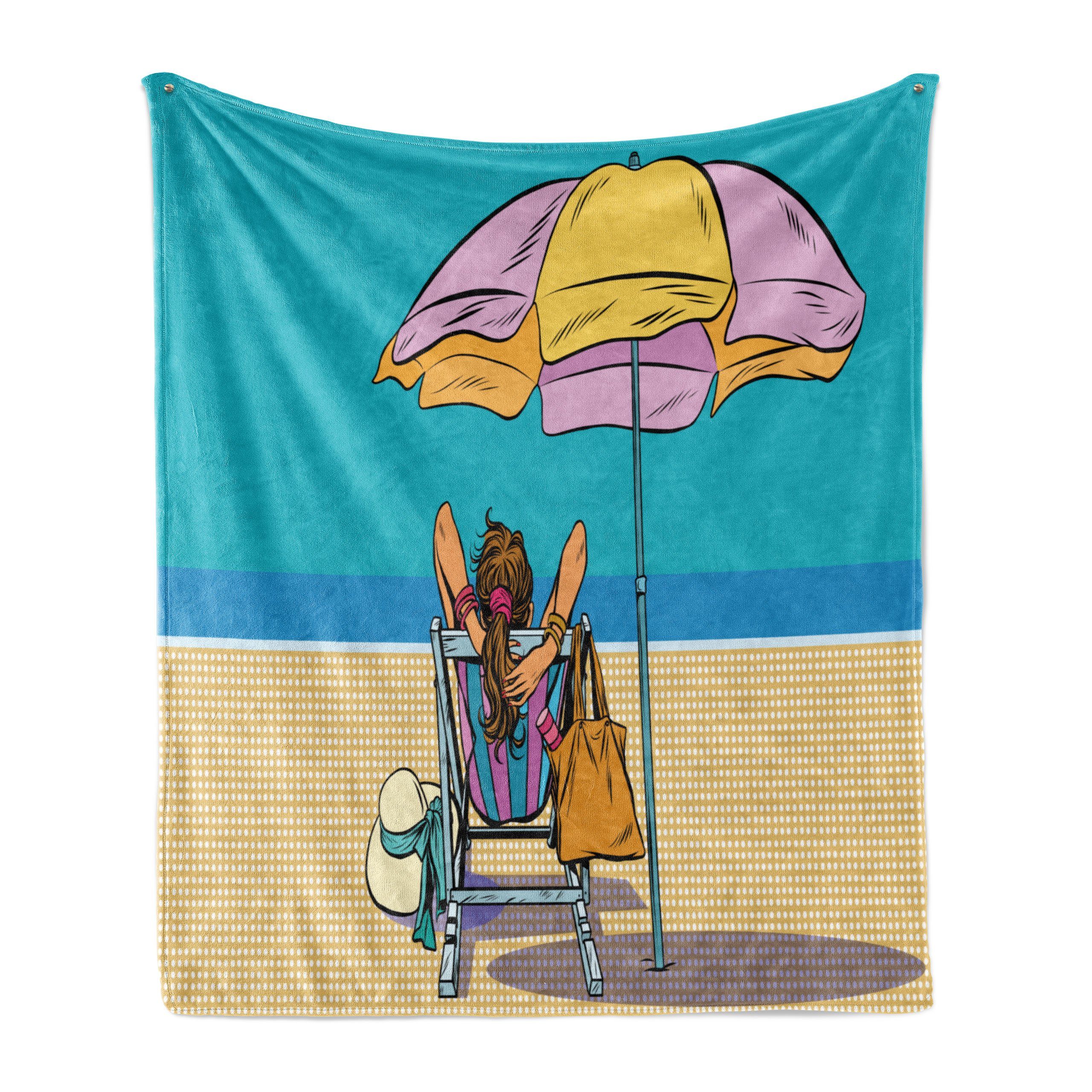 Wohndecke Gemütlicher Plüsch für den Innen- und Außenbereich, Abakuhaus, Regenschirm-Mädchen Dame auf einem Liegestuhl