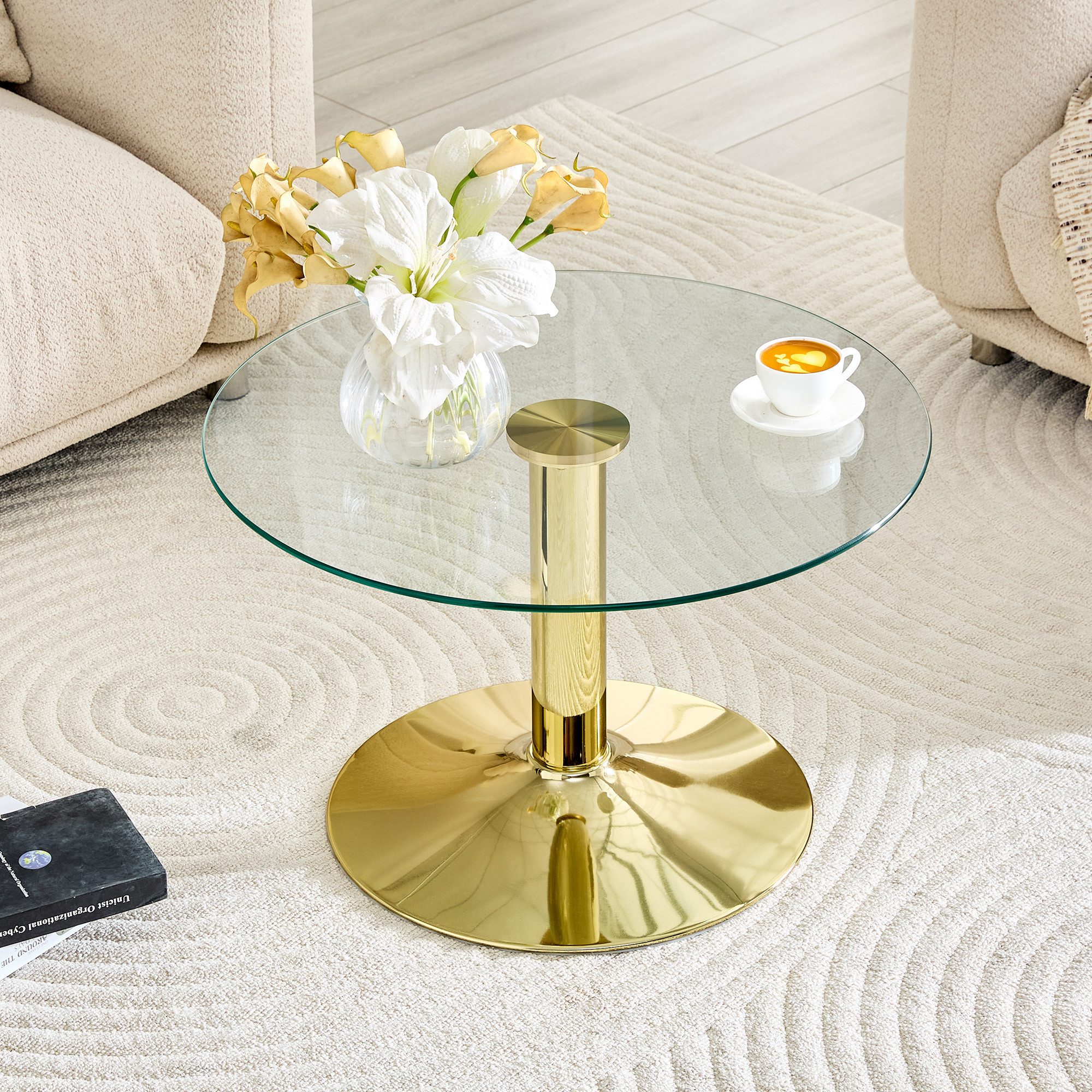 gopop Beistelltisch Glas70cm Metall Gold/Silber/Schwarz 45cm hoch, Modern (1-St), Das einbeinige Metallsäulengestell bietet ausgezeichnete Stabilität