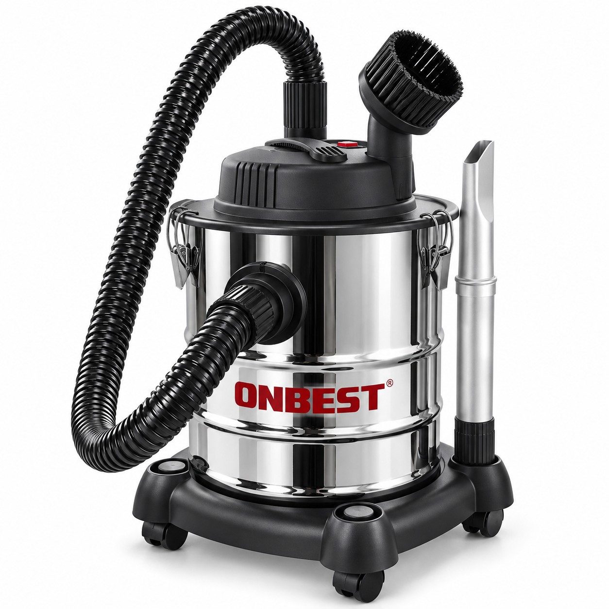 Onbest Aschesauger AC1220 1200 W mit 20 l Edelstahlbehälter für heiße Asche, 1200 W, Behälter, 20 kPa, feuerfester Saugschlauch, Faltenfilter, Erdungskette
