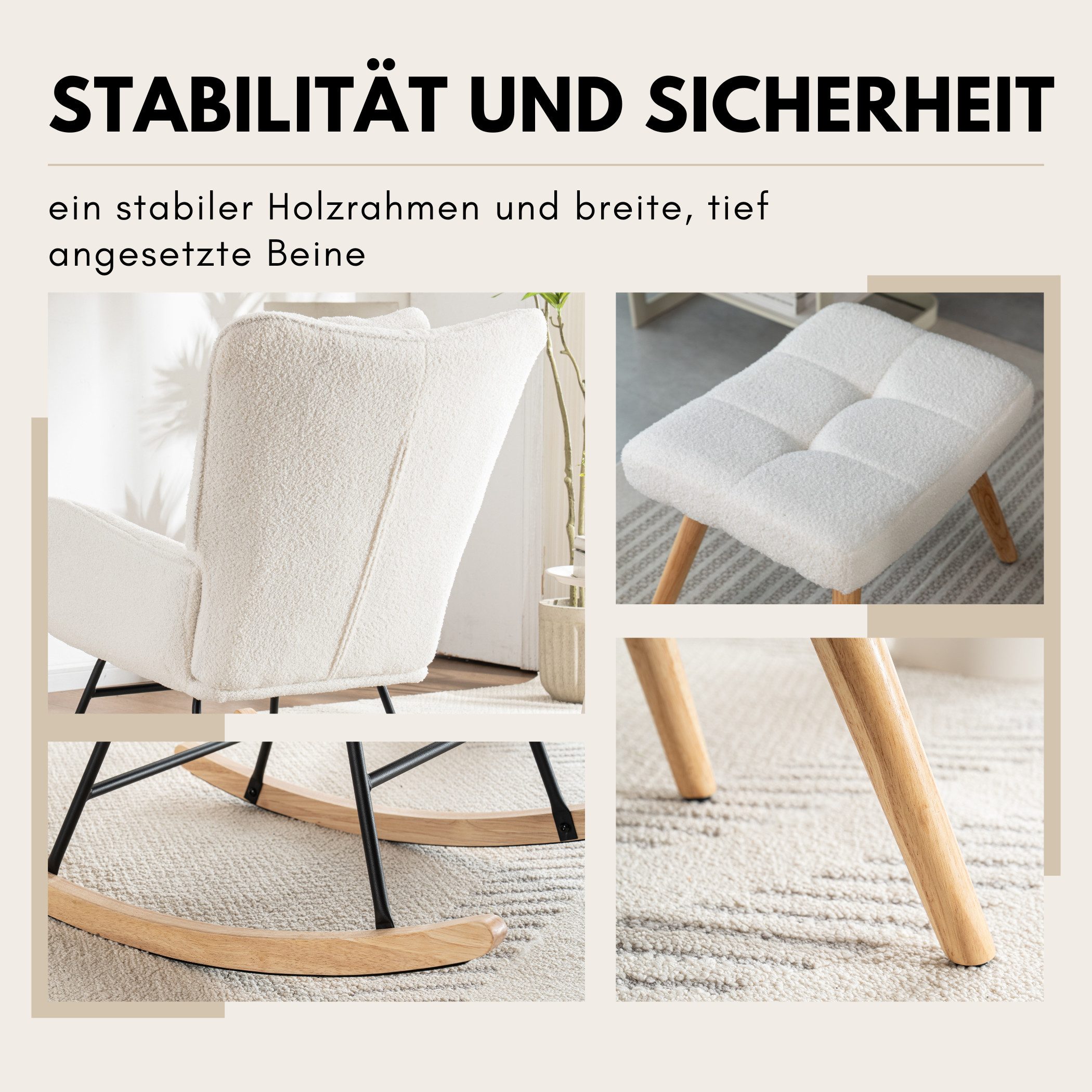 SeedWave Schaukelstuhl Schaukelstuhl Teddy mit Fußhocker und Kopfstütze, weiß, Ergonomischer Stillstuhl, Schaukelsessel für Entspannen, Bis 120kg
